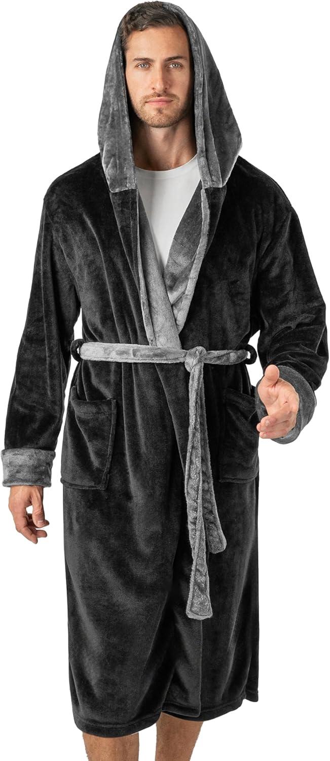 PAVILIA Mens Robe, Hooded Soft Bathrobe for Men, Fleece Plush Warm Shawl Collar Hood Pockets for Bath Shower Spa (Black/Gray, One Size)