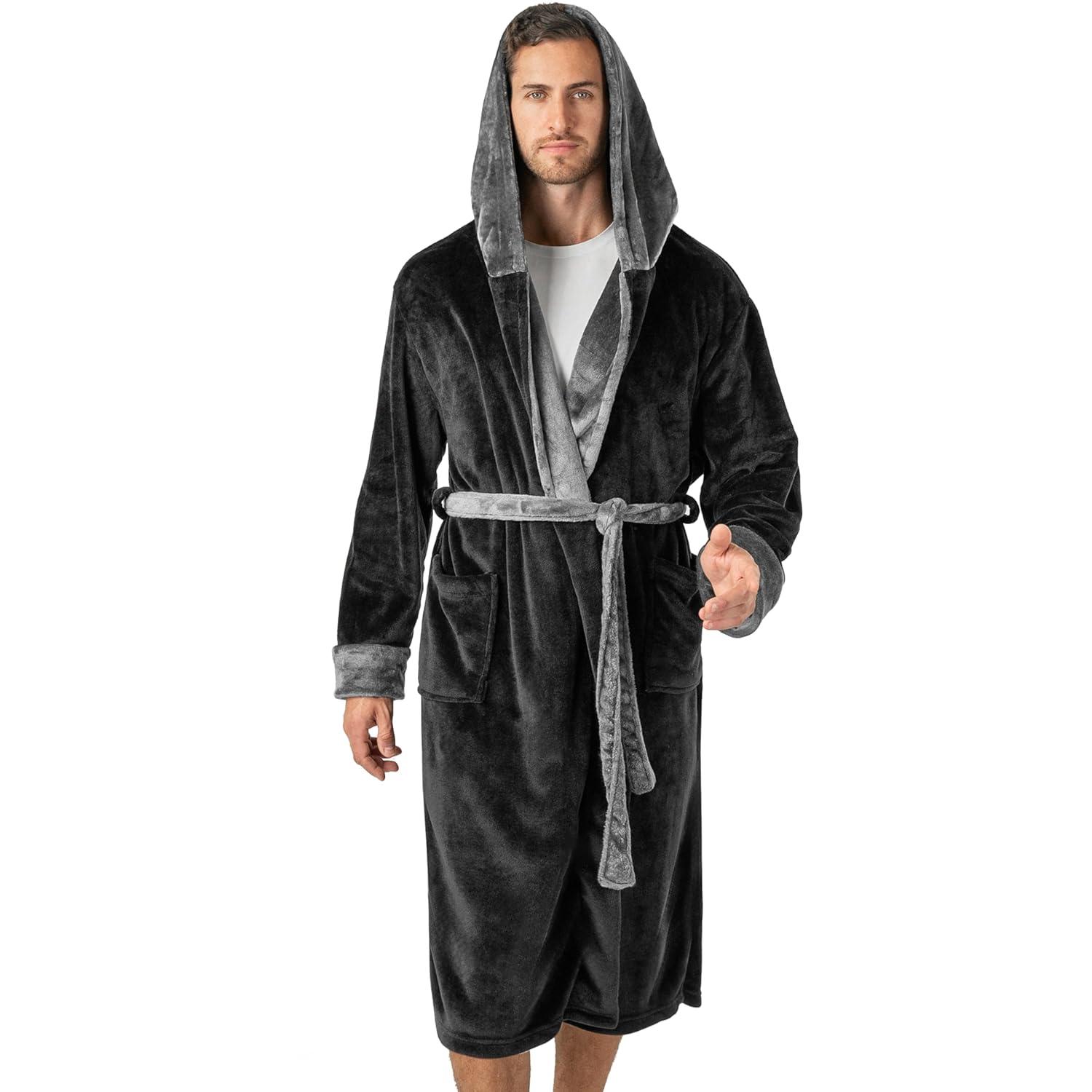 PAVILIA Mens Robe, Hooded Soft Bathrobe for Men, Fleece Plush Warm Shawl Collar Hood Pockets for Bath Shower Spa (Black/Gray, One Size)