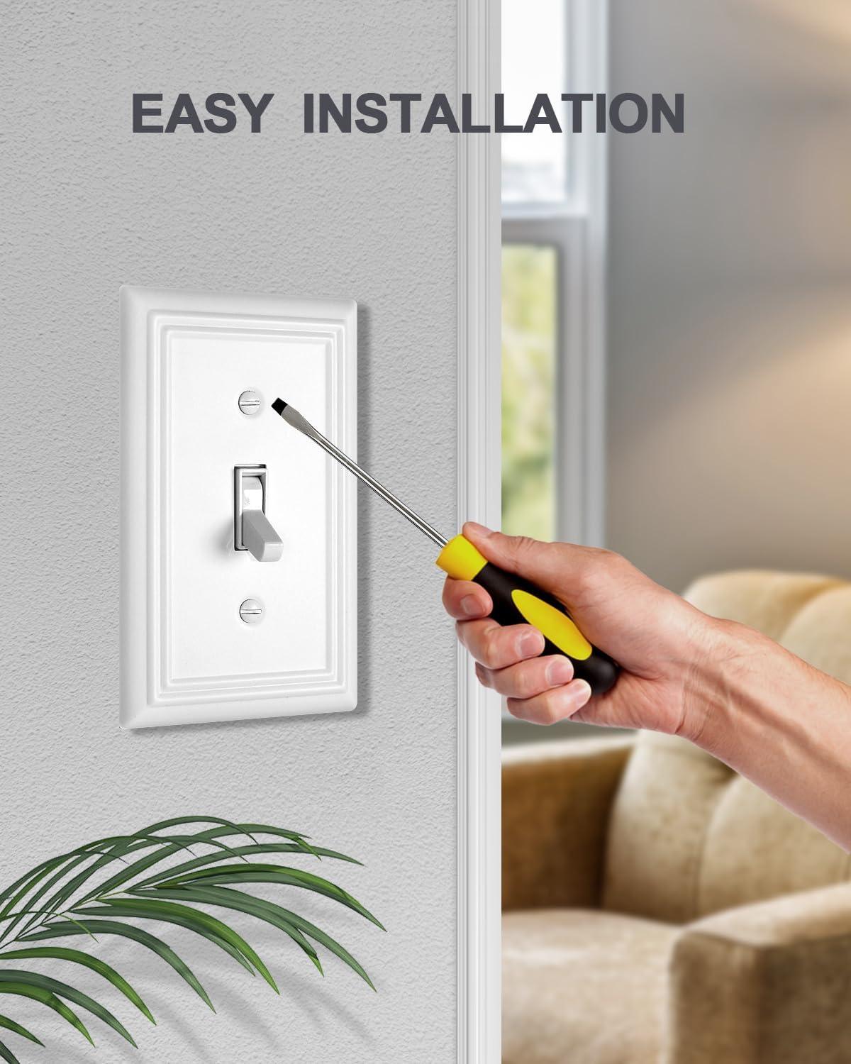 Modern Decorative Wall Plate Switch Plate Outlet Cover, Vintage Retro Wood Grain Design(Single Toggle-4 Pack, White)