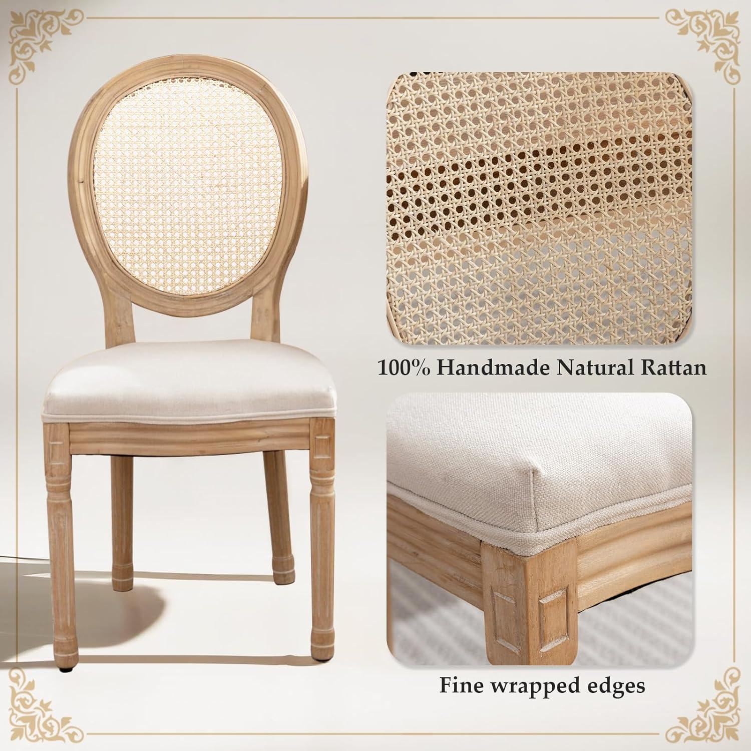 One Allium Way® French Style Rattan Back Solid Wood Upholstered Dining Chairs(Set of 6)