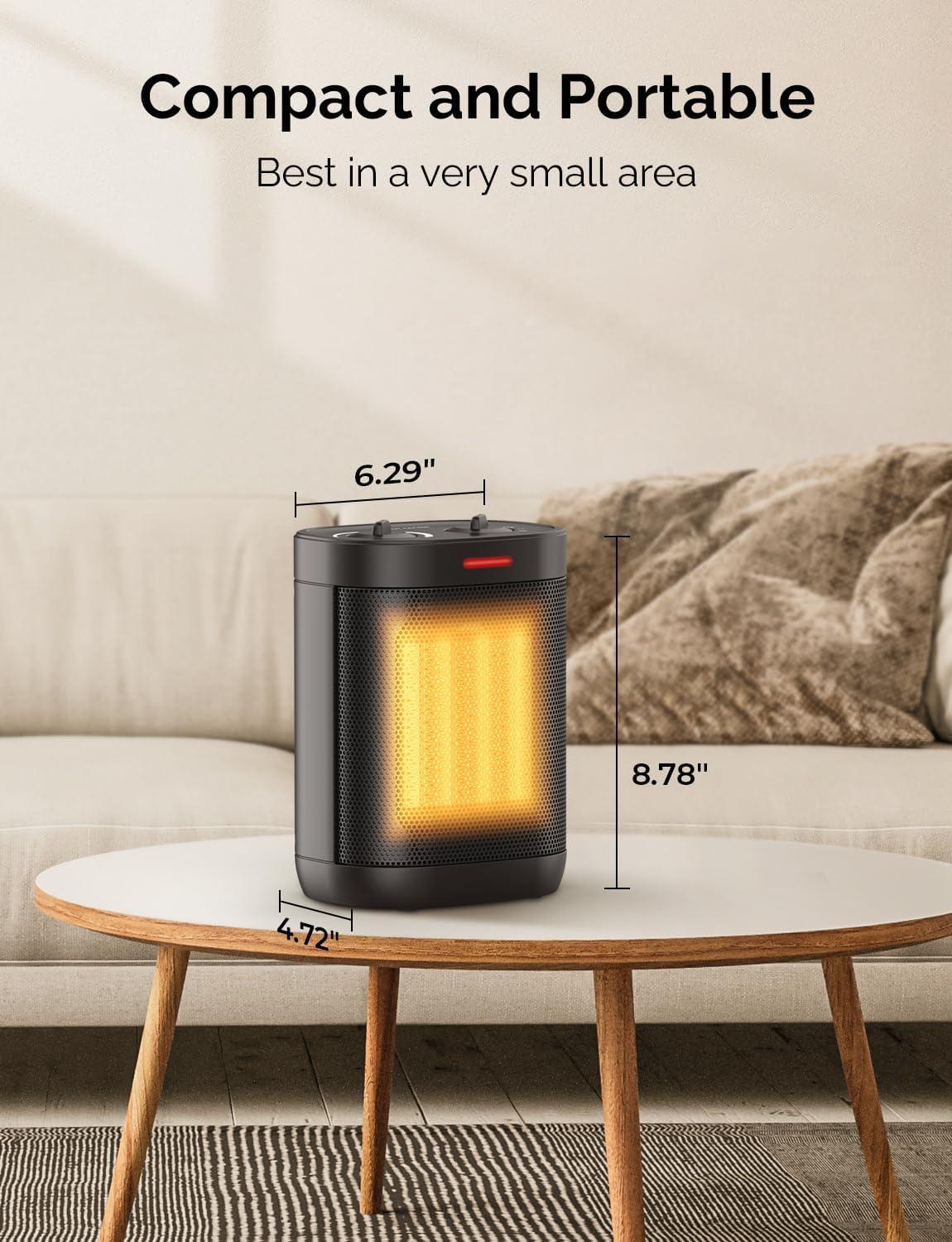 1500W Space Heaters for Indoor Use, Portable PTC Ceramic Space Heater, Small Space Heater with Thermostat, Three Modes, Overheat and Tip-Over Protection for Office Home