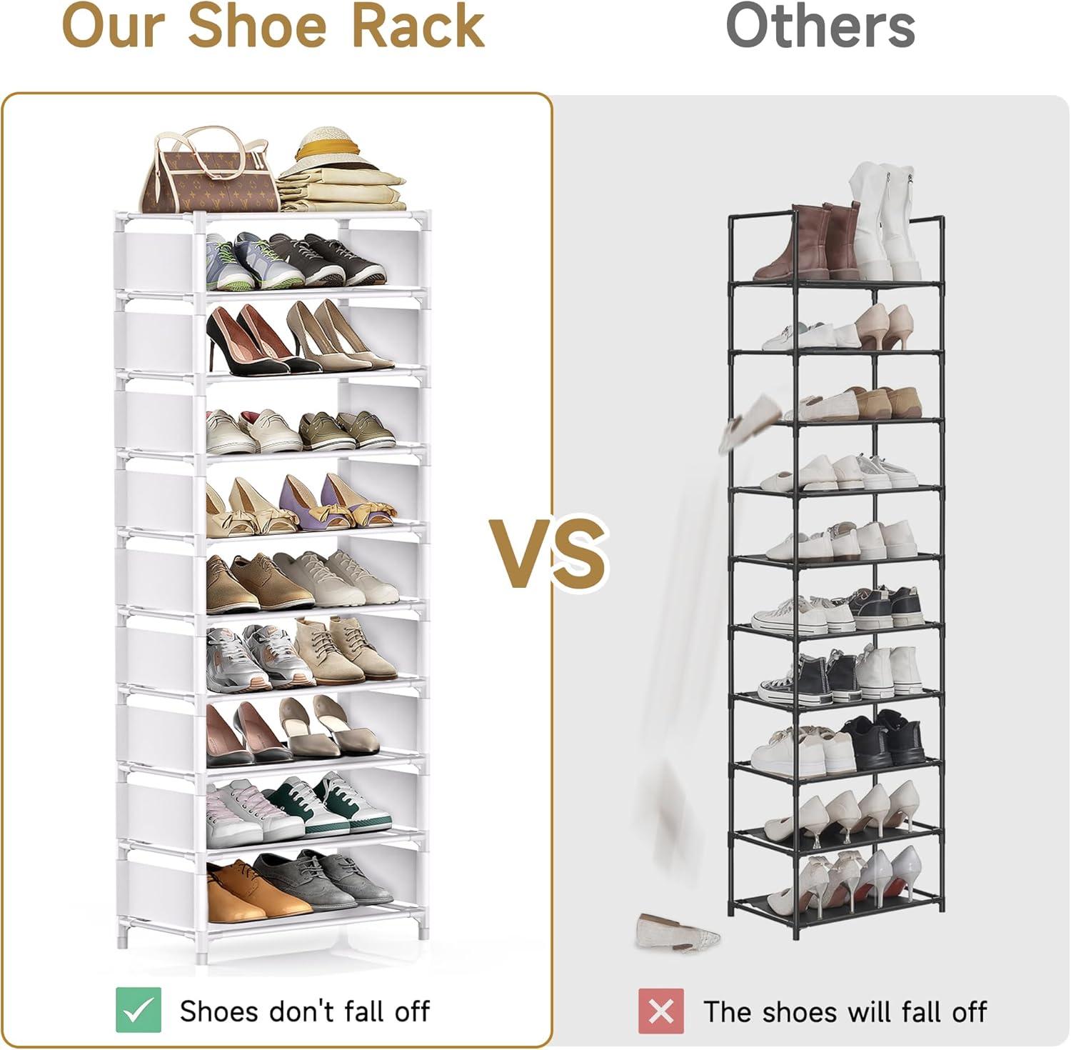 White 10-Tier Tall Stackable Shoe Rack with Hooks