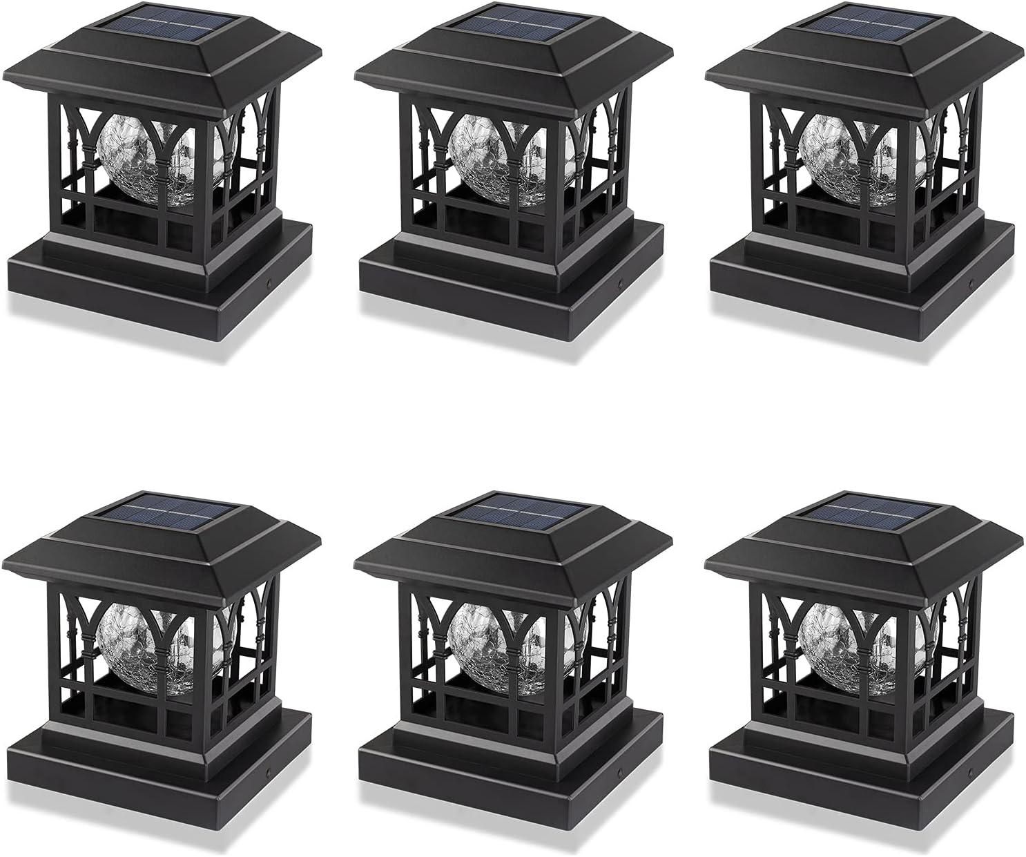 Black Solar LED Post Cap Lights with Crackle Glass, 6 Pack