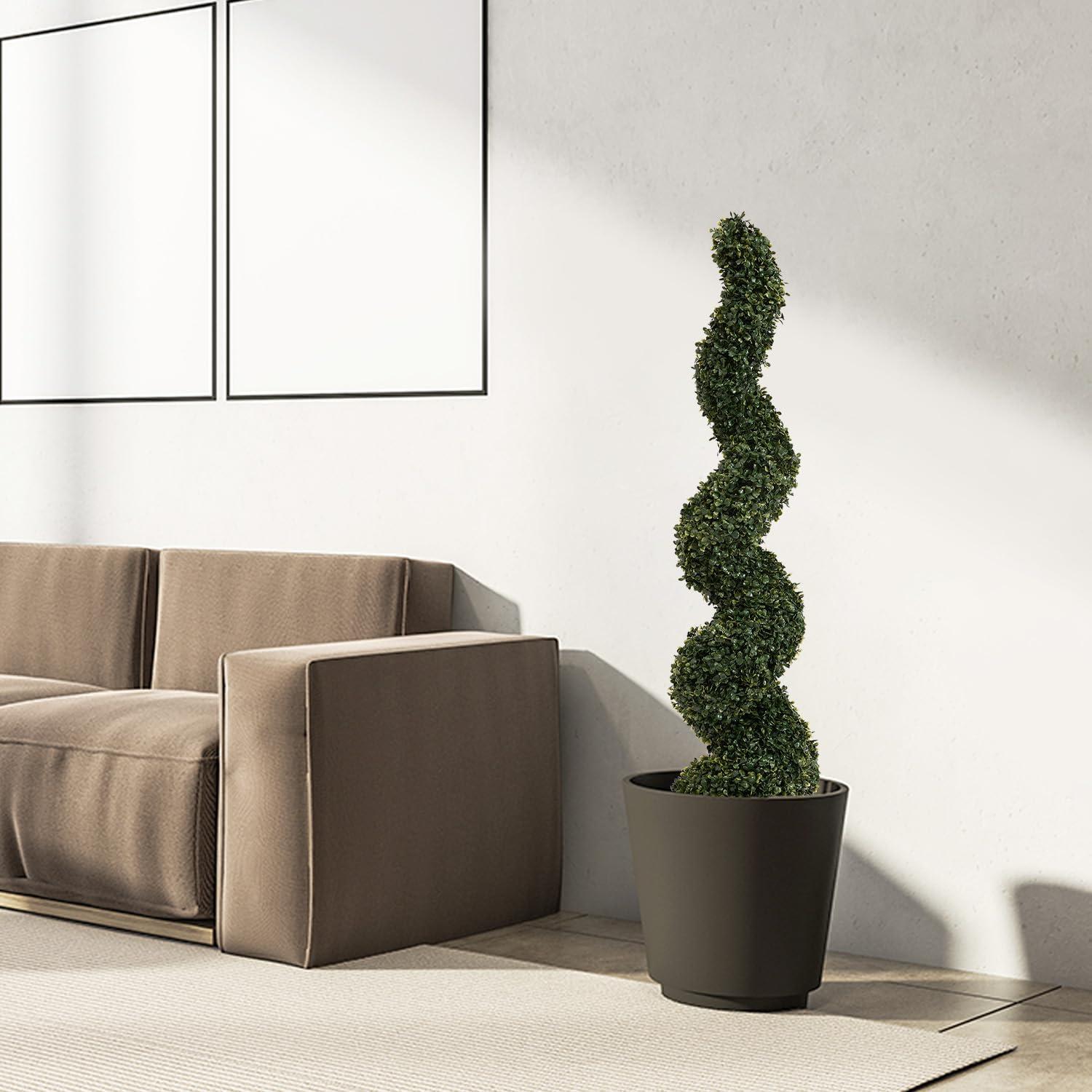 Goplus 4FT Artificial Spiral Boxwood Topiary Tree, 2 Pack Greenery Large Faux Plant in Cement-Filled Plastic Pot, Tall Fake Plant for Indoor Outdoor Home Front Porch Decor