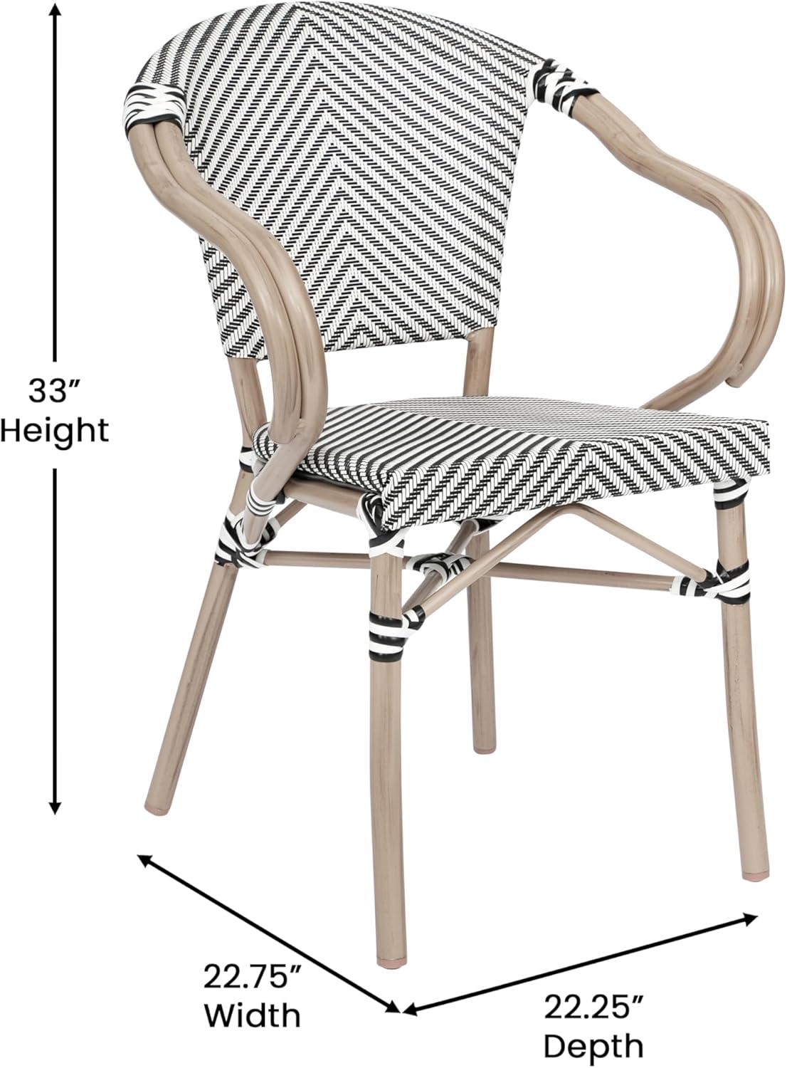 Flash Furniture Marseille Indoor/Outdoor Commercial Bistro Stacking Chair with Arms, Black/White Textilene & Bamboo Print Aluminum Frame in LT Natural