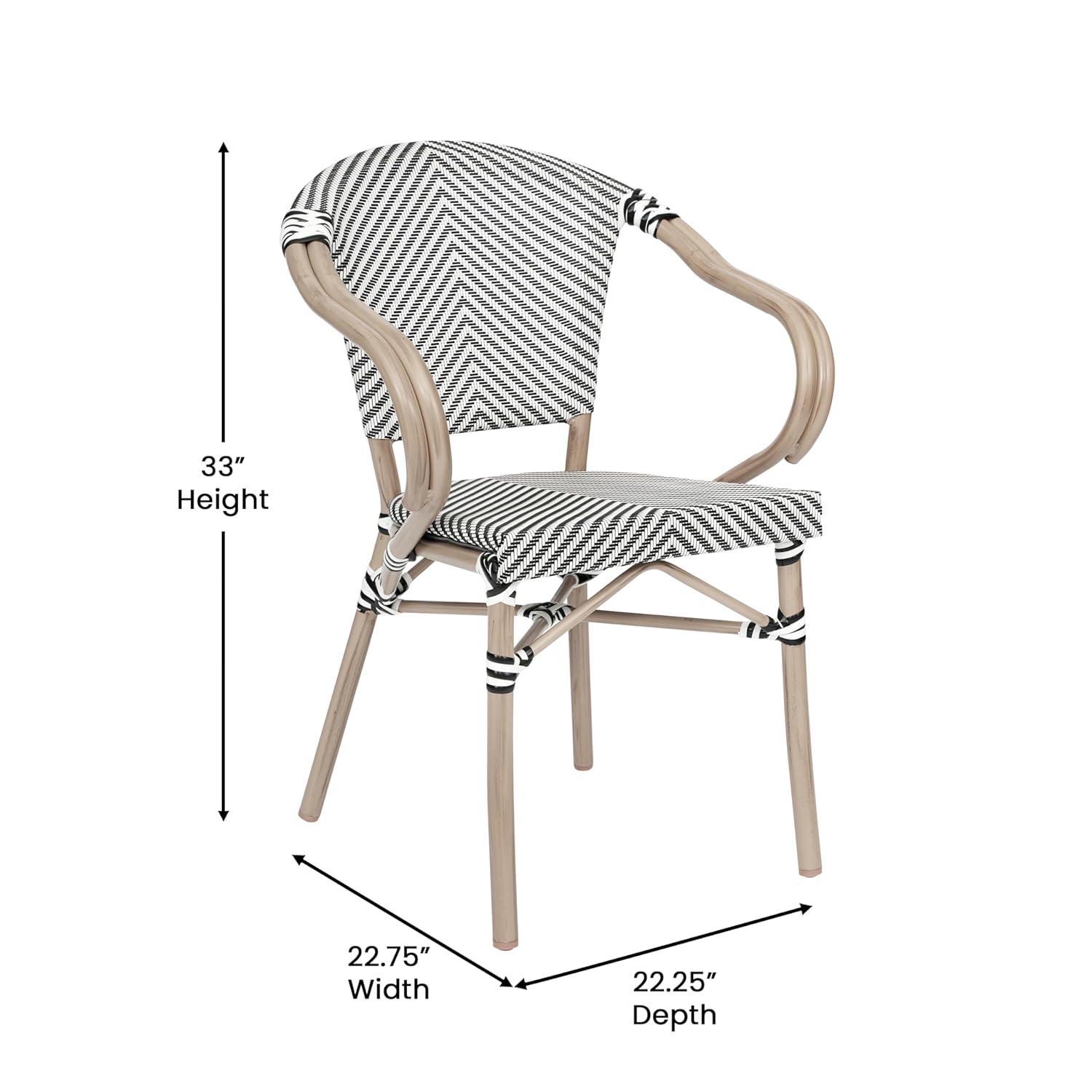 Flash Furniture Marseille Indoor/Outdoor Commercial Bistro Stacking Chair with Arms, Black/White Textilene & Bamboo Print Aluminum Frame in LT Natural