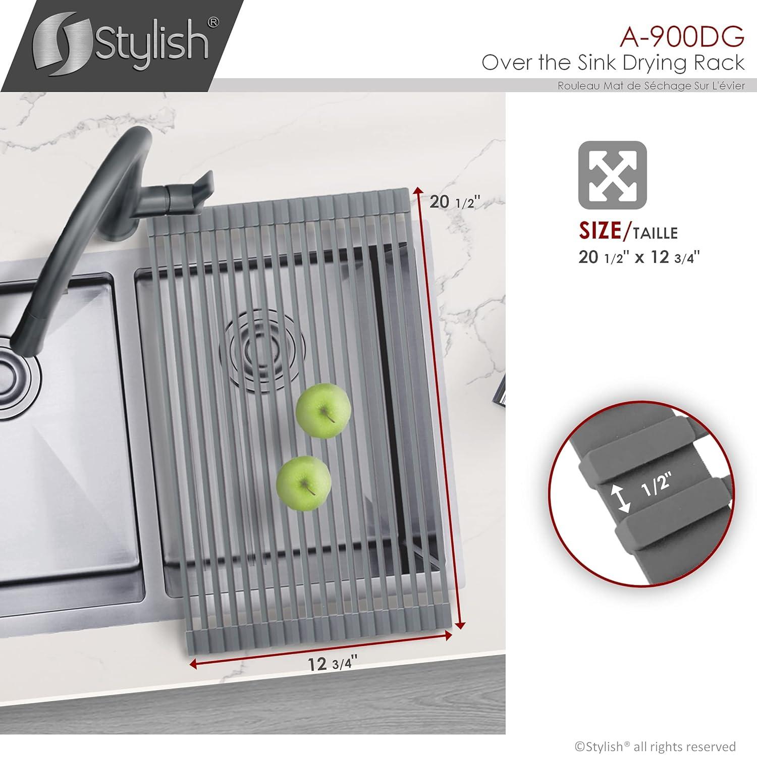 STYLISH Over The Sink Roll Up Dish Drying Rack Heat Resistant Trivet for Drying Dishes and Rinsing Vegetables Dark Grey A-900DG