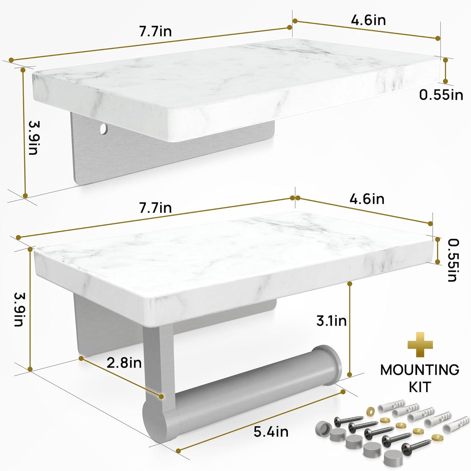 Shelve Toilet Paper Holder with Natural Double Marble Shelf, Screw Wall Mounted, Tissue Roll Holder