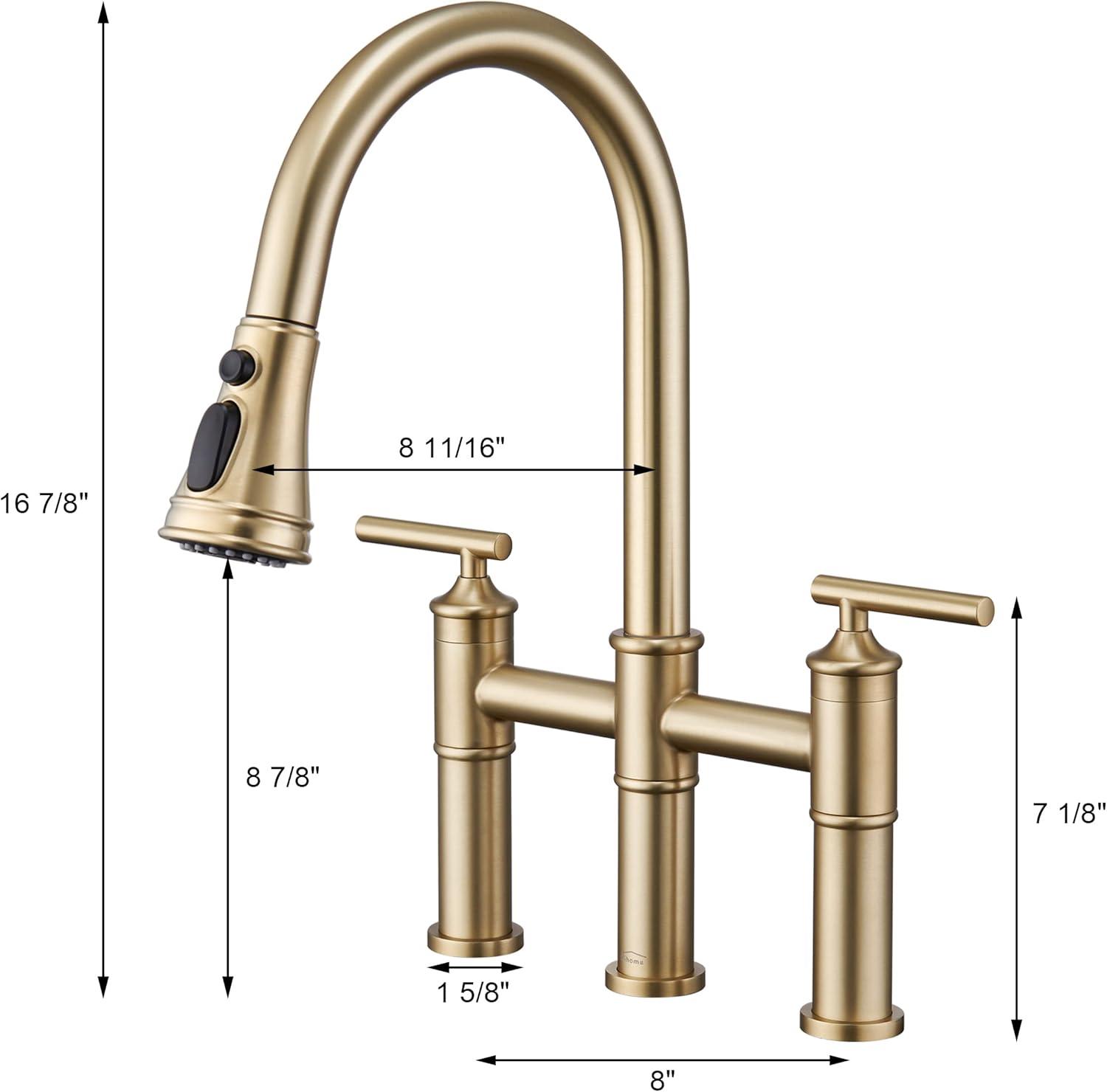 Double Handle Bridge Pull-Down Kitchen Faucet with 3-Spray Patterns and 360 Degrees Rotation Spout in Brushed Nickel