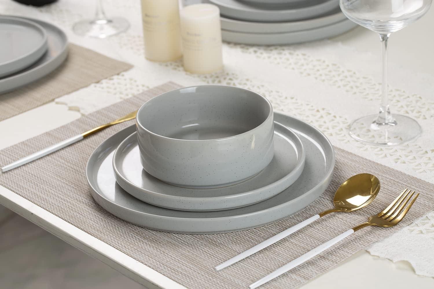 Famiware 12 Piece Dinnerware Set, Stoneware Plates and Bowls Set, Dish Set for 4, Light Gray