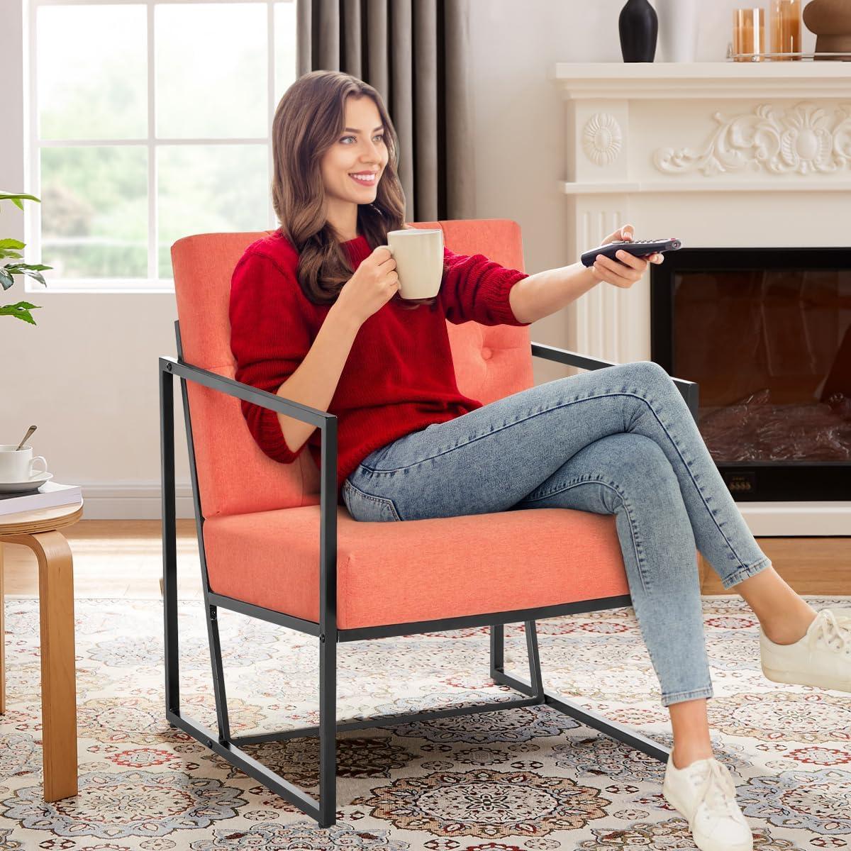 Living Room Chairs - Accent Chair with Upholstered Soft Comfortable Oversized Armchair Featuring Classic Metal Frame for Bedroom, Reading Room, Office Relaxation (Mid-Century Modern, Orange)