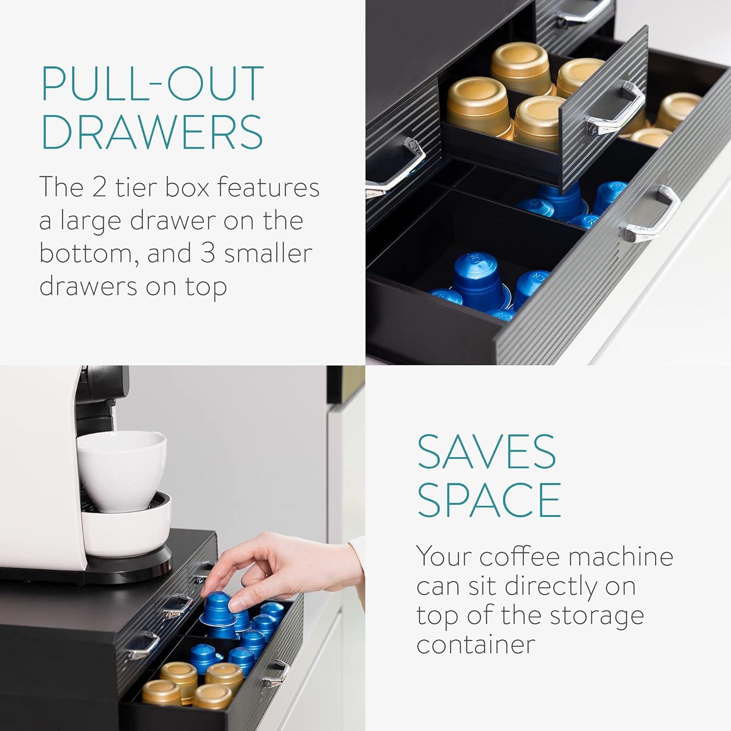 Navaris Coffee Pod Holder with 4 Drawers - Compatible with Nespresso, CBTL, K-Cups, Verismo - Capsule Storage Organizer 2-Tier Container Box - Black