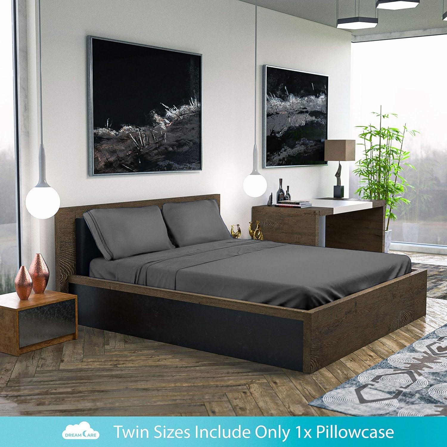 DREAMCARE - Bed Sheets Set - Queen Size Sheet with Side Pocket - 4pcs Set, 15 inches, Dark Gray