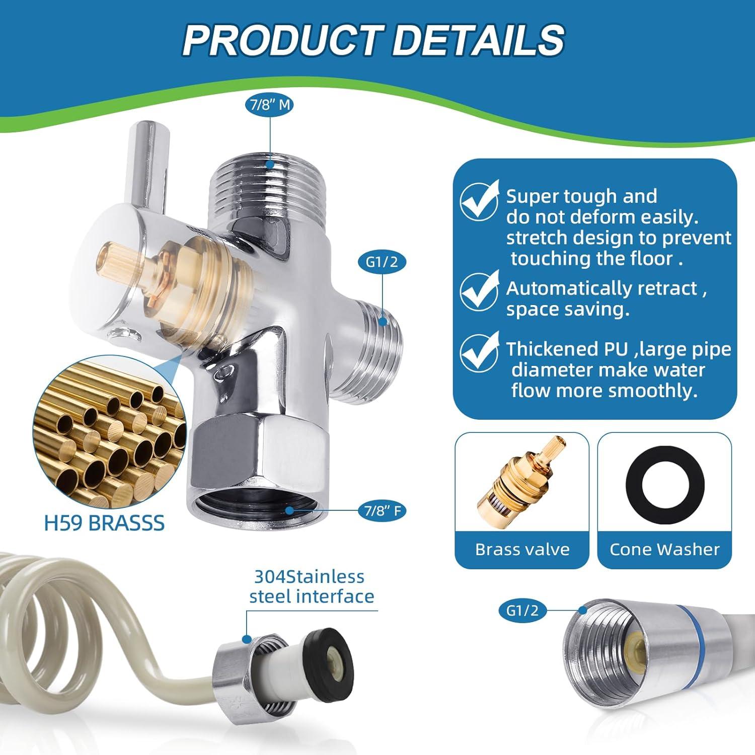 TURLEE-Handheld Bidet Sprayer for Toilet -Brass T-valve Adapter, Sprayer Adjustable Water Pressure Control with Bidet Retractable Spring Hose for Feminine Wash.