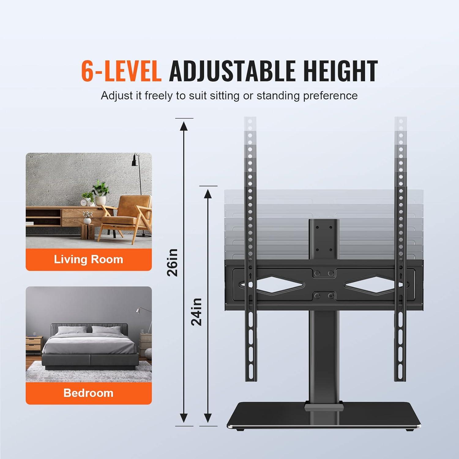 Black Adjustable Swivel TV Stand with Tempered Glass Base