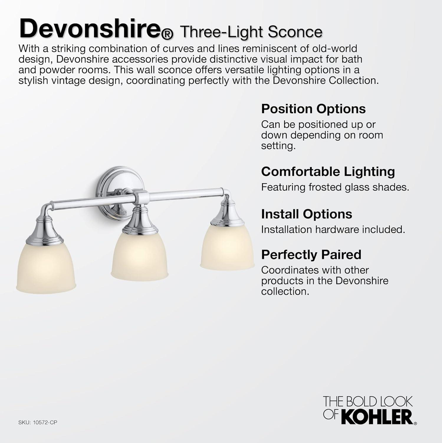 Devonshire 3 Light Indoor Bathroom Vanity Light Fixture, Position Facing Up or Down, UL Listed