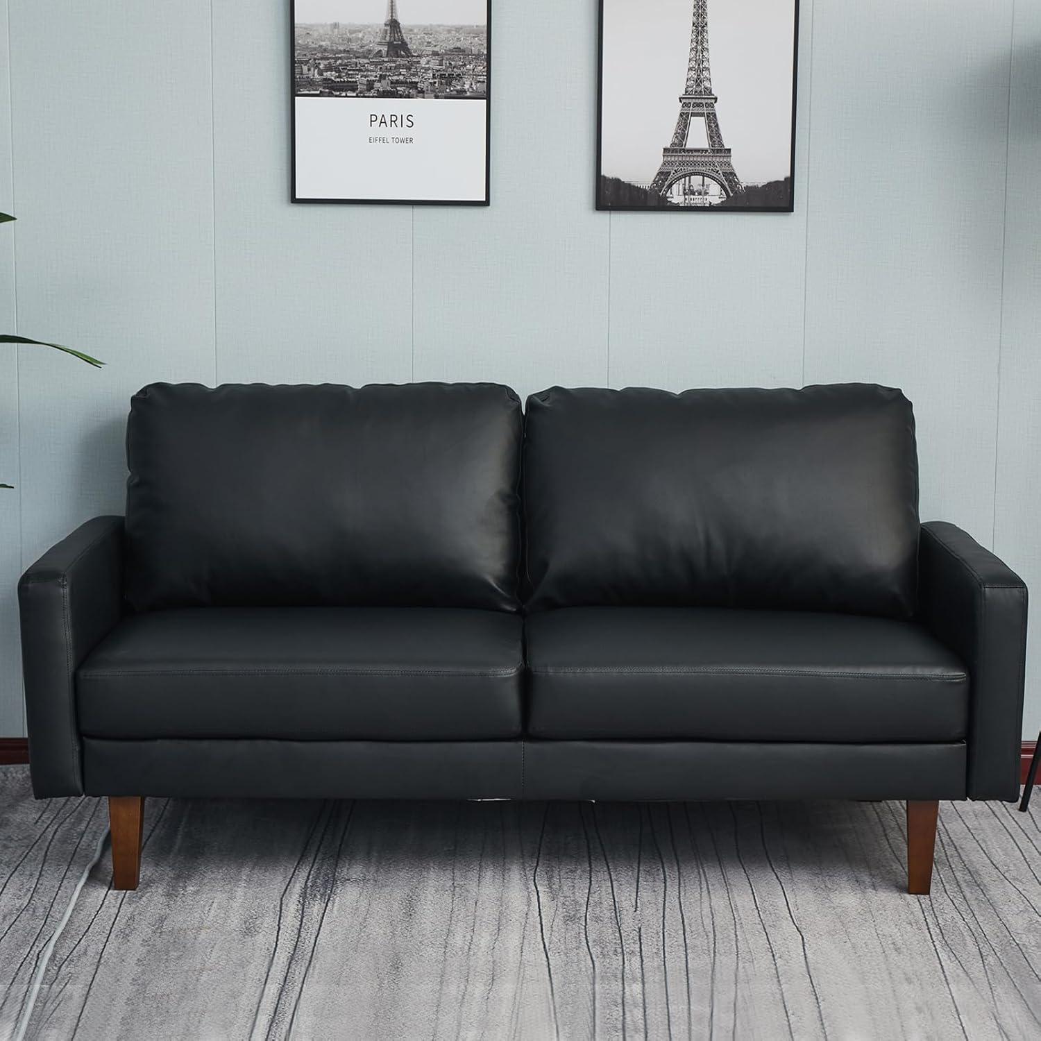 Hybition Faux Leather Sofa Mid-Century Modern Couch for Living Room/Office-Black