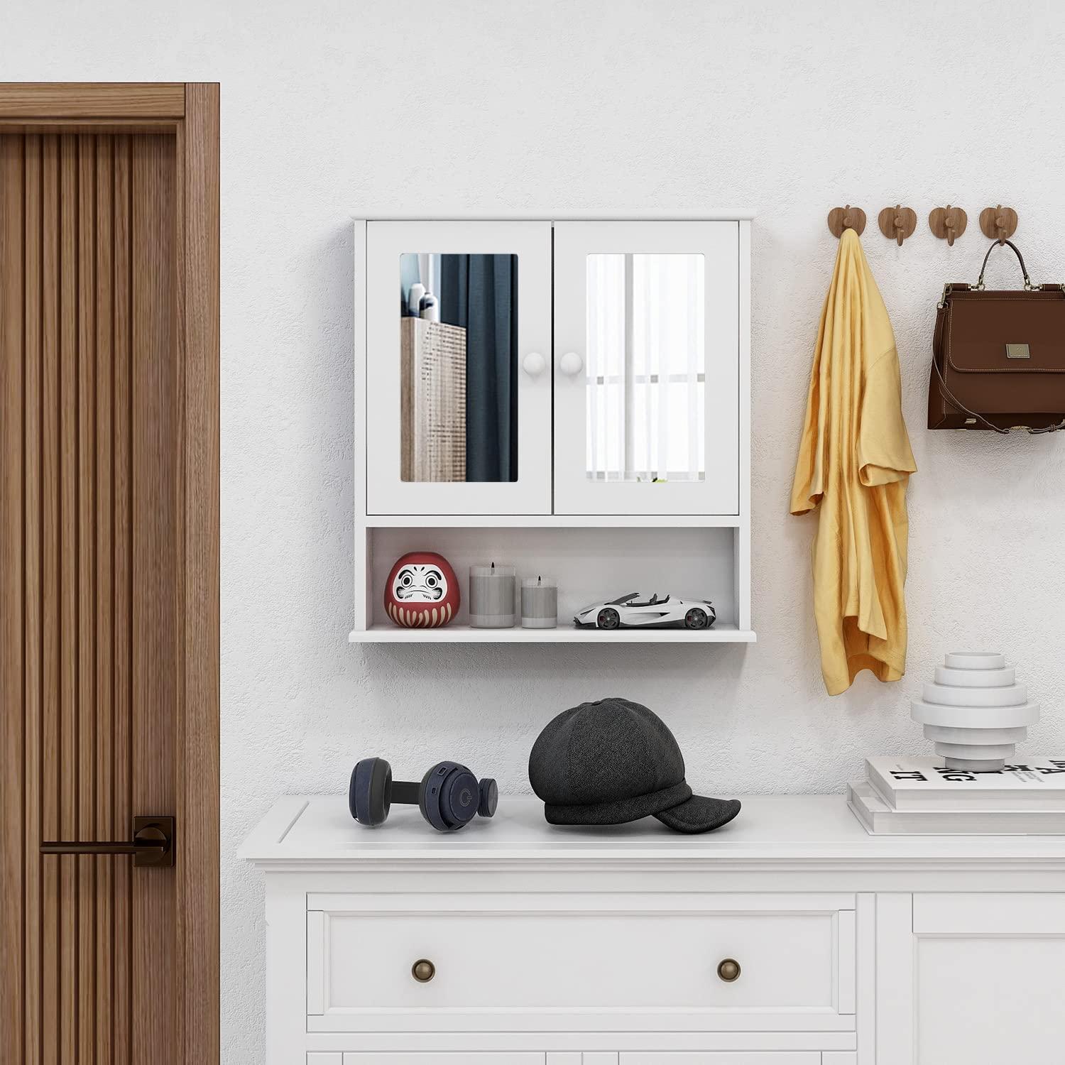 Medicine Cabinet, Medicine Cabinets For Bathroom With Mirror 2 Doors 3 Open Shelf, Bathroom Cabinet Wall Mounted Wooden Storage Over Toilet Laundry Room Kitchen