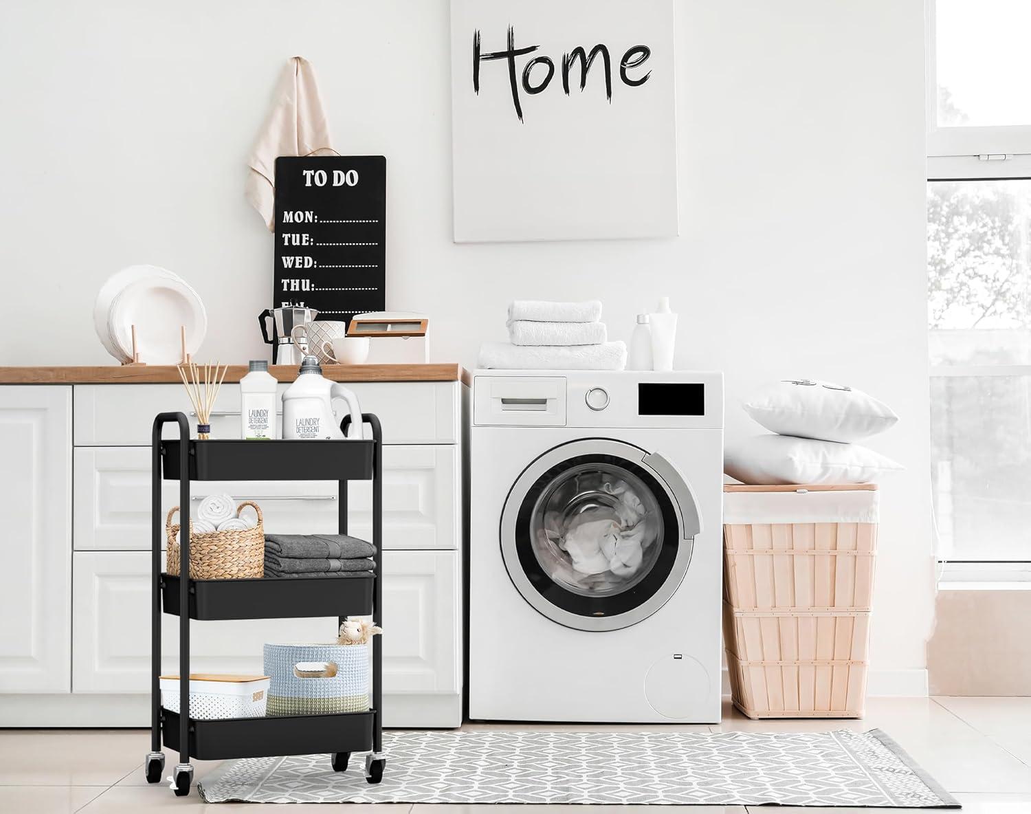 Zeki Shoggy 3-Tier Rolling Metal Storage Organizer - Mobile Utility Cart, Kitchen Cart With Caster Wheels (Black)