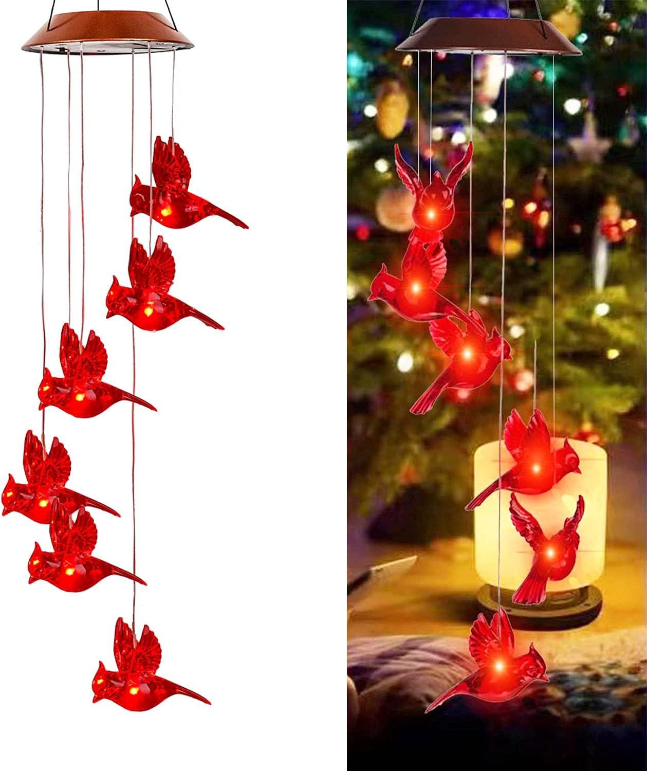 Solar-Powered Red Bird Wind Chimes with LED Lights