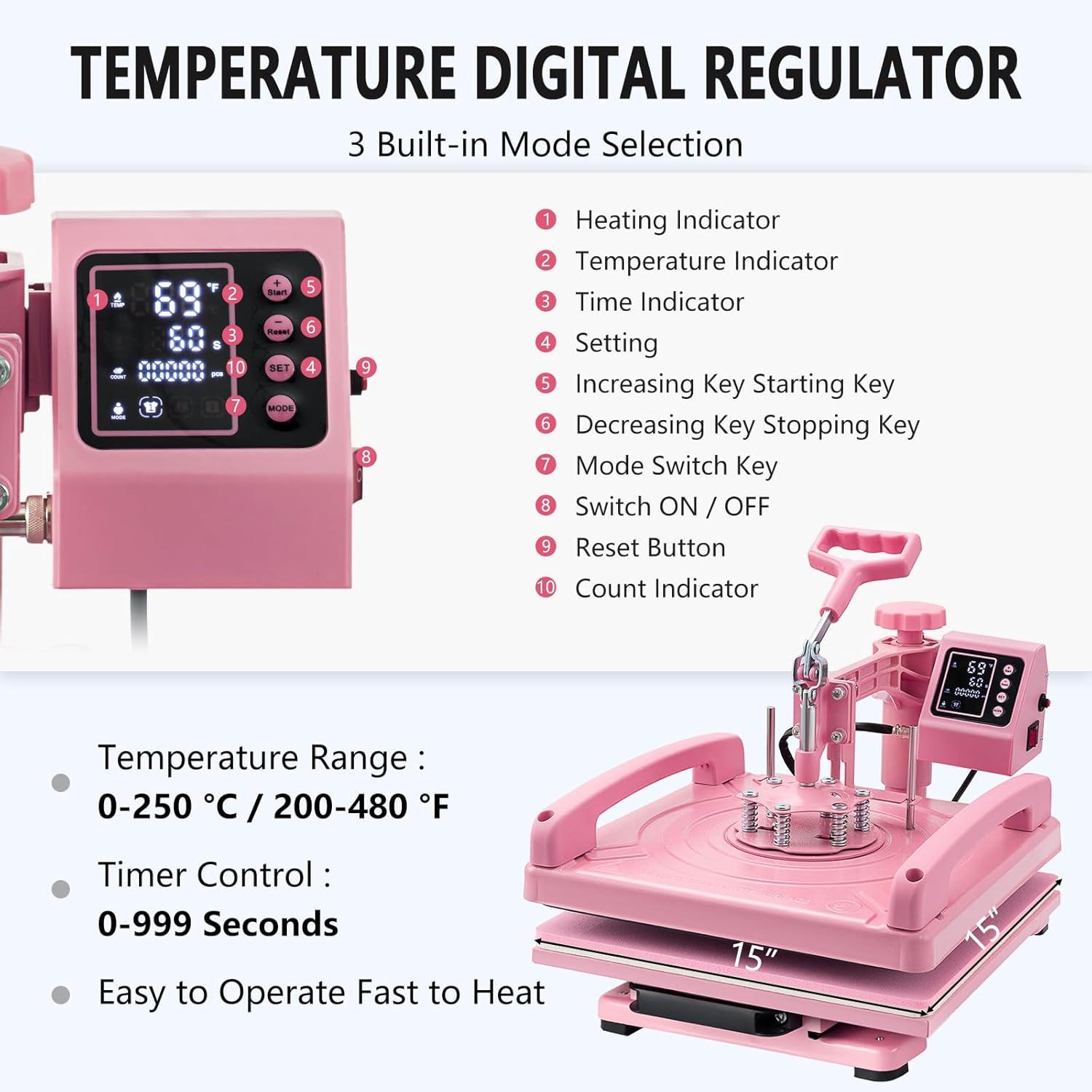 Pink 15x15 Inch 5-in-1 Heat Press Machine with Tumbler Attachments