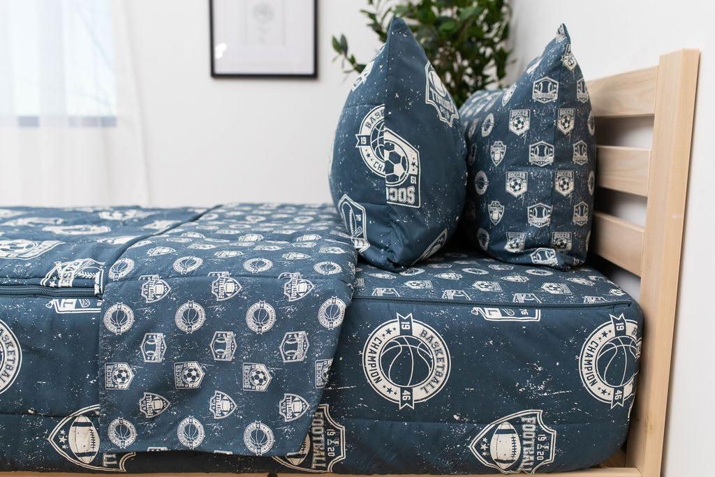Beddy's Sports Theme Boys Durable Zipper Bedding for Kids, Bed in a Bag, Blue Sheets with Baseball, Football, Basketball, Soccer Comforter, Pillowcase & Pillow Sham, Easy to Make & Wash
