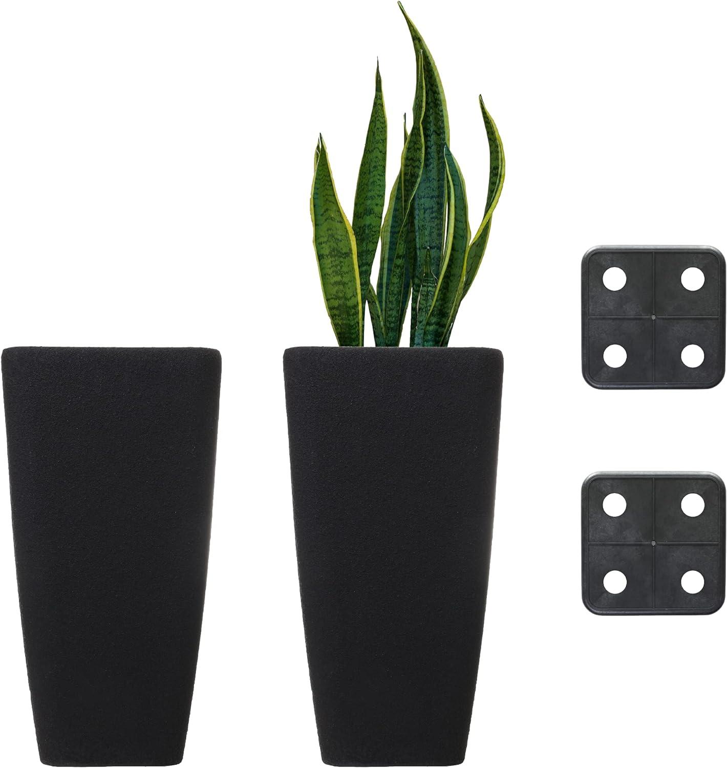 Sleek Black Recycled Resin Tall Planters Set of 2 with Drainage