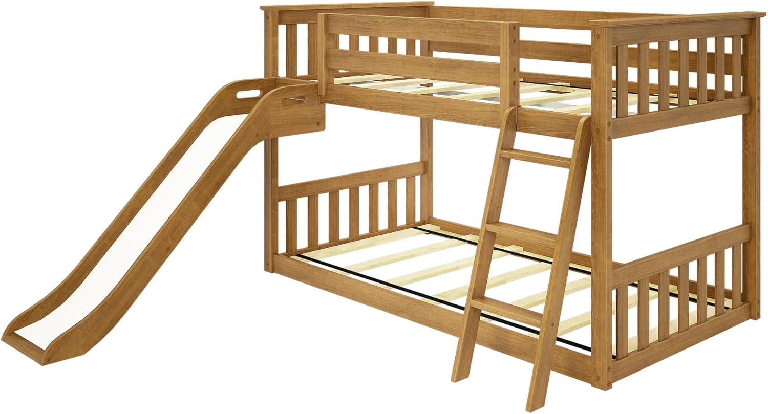 Max & Lily Twin Over Twin Low Bunk Bed with Slide, Solid Wood Kids Platform Bed with 14” Guardrails, Pecan