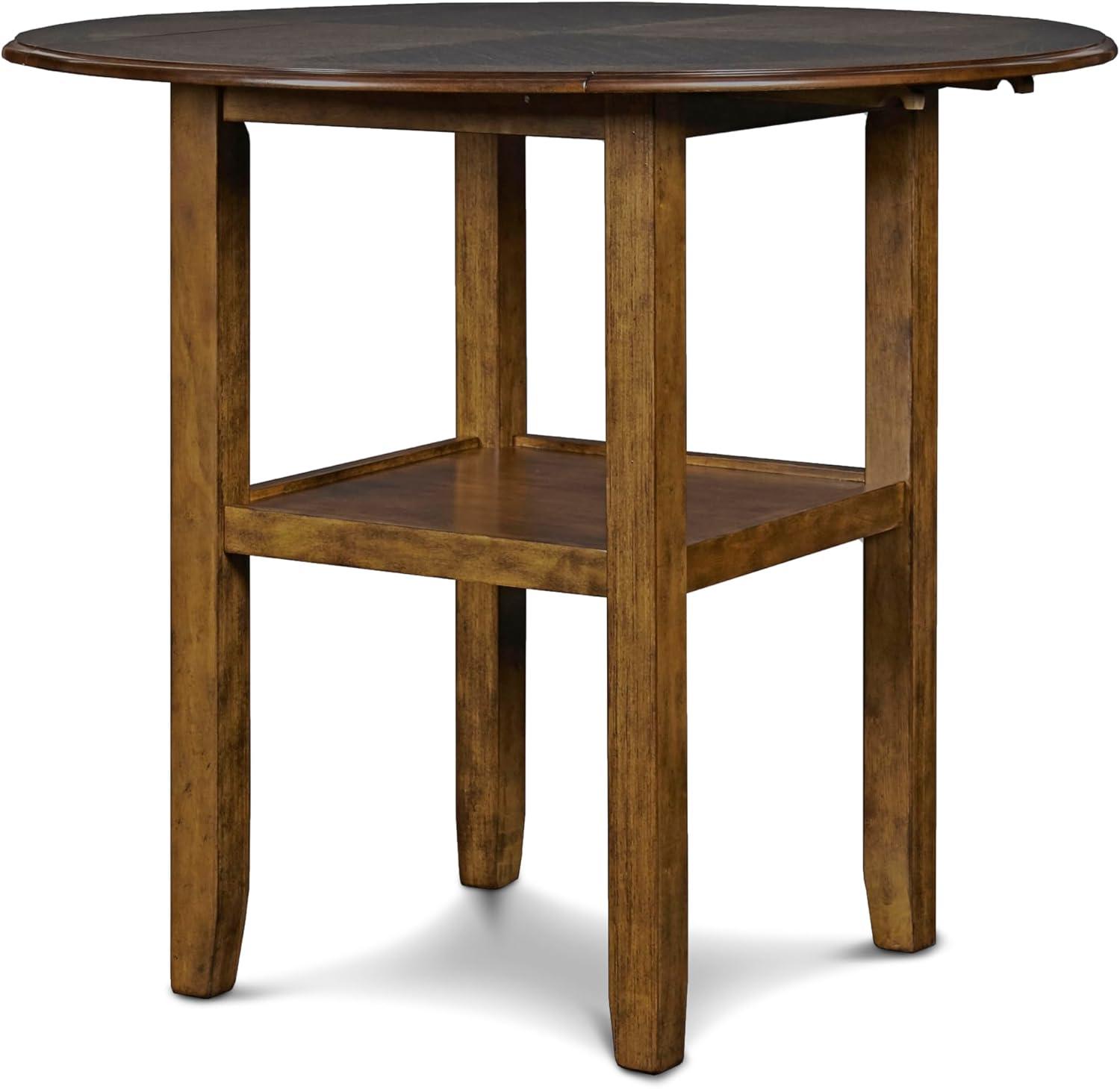 Brown Rubberwood Drop Leaf Counter Table Set with Black Upholstered Chairs