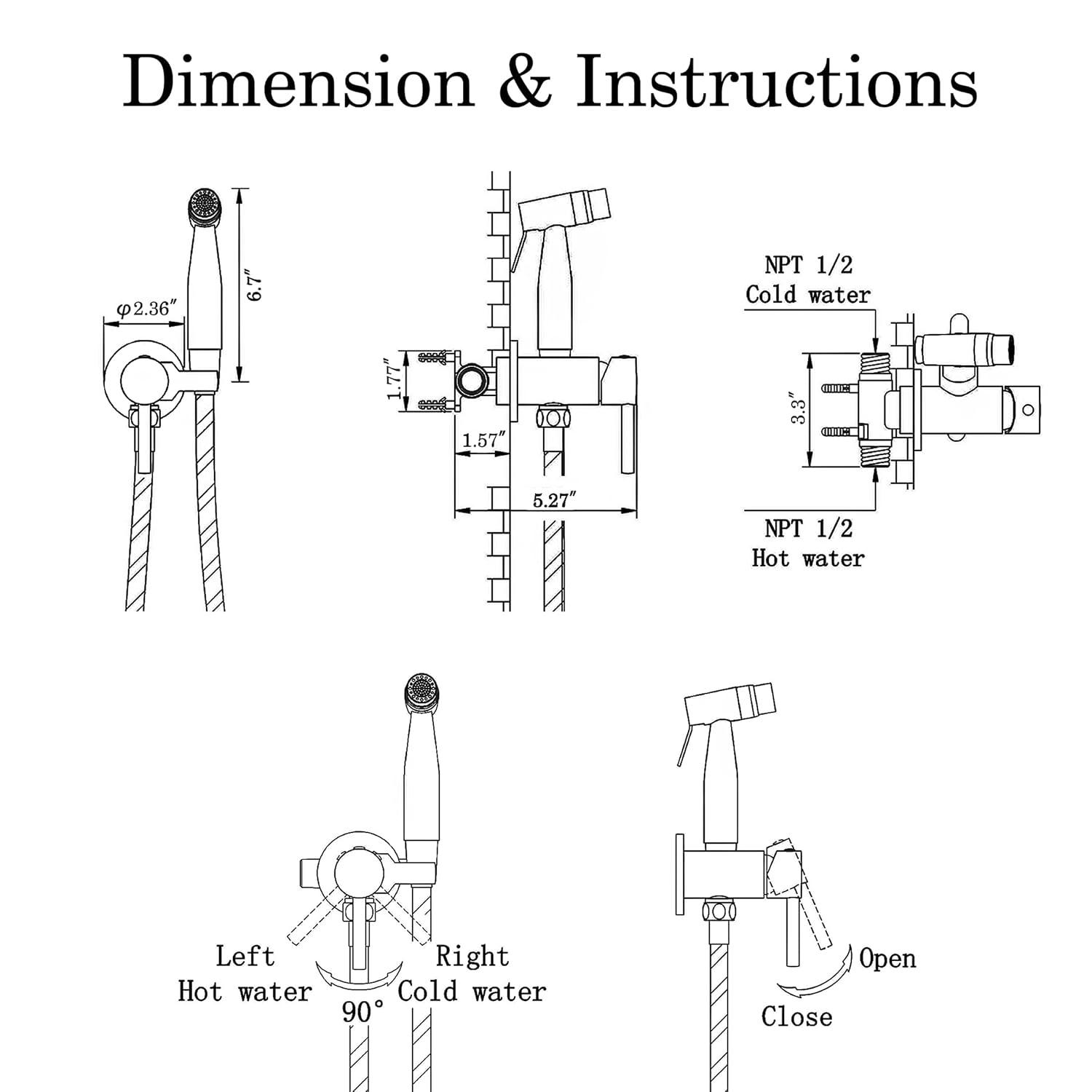 Handheld Bidet Sprayer Brushed Gold Warm Water, WiPPhs Stainless Steel Bidet Hand Held Sprayer for Toilet with Brass Hot and Cold Mixing Valve, WI9138BG