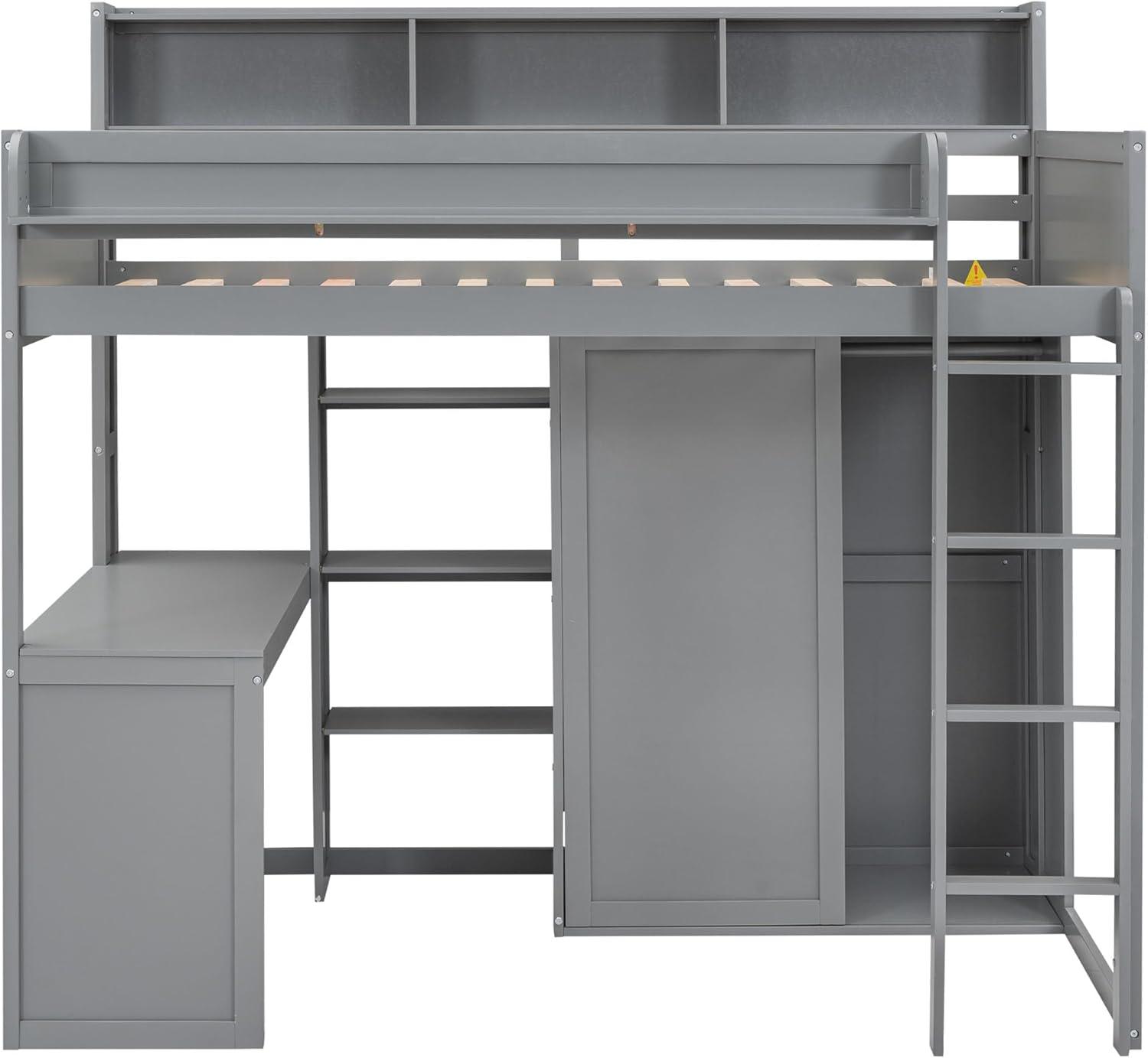 Bellemave Twin Size Loft Bed with Wardrobes and Desk, Wood Loft Beds Frame with Storage Shelves and Cabinet, High Loft Bed for Kids Teens Adults (Gray)