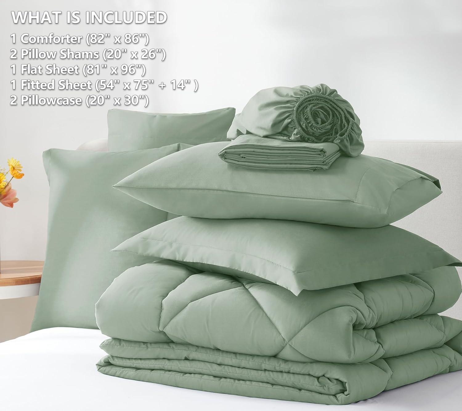 Cozy Comfort Sage Green Full Size Comforter Set - 7 Pieces Solid Full Bed in a Bag, Full Bed Set Sage Green with Quilted Warm Fluffy Comforters, Sheets, Pillowcases & Shams