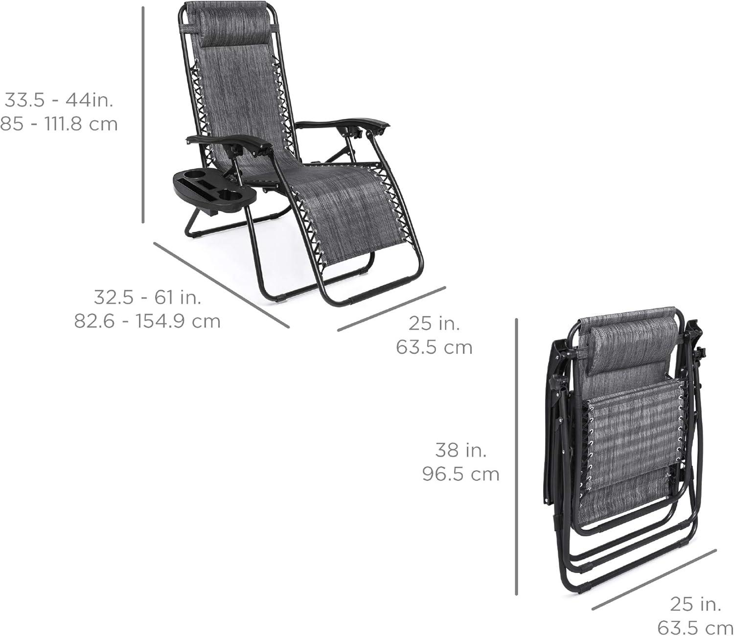 Set of 2 Gray Zero Gravity Patio Loungers with Cup Holder Trays