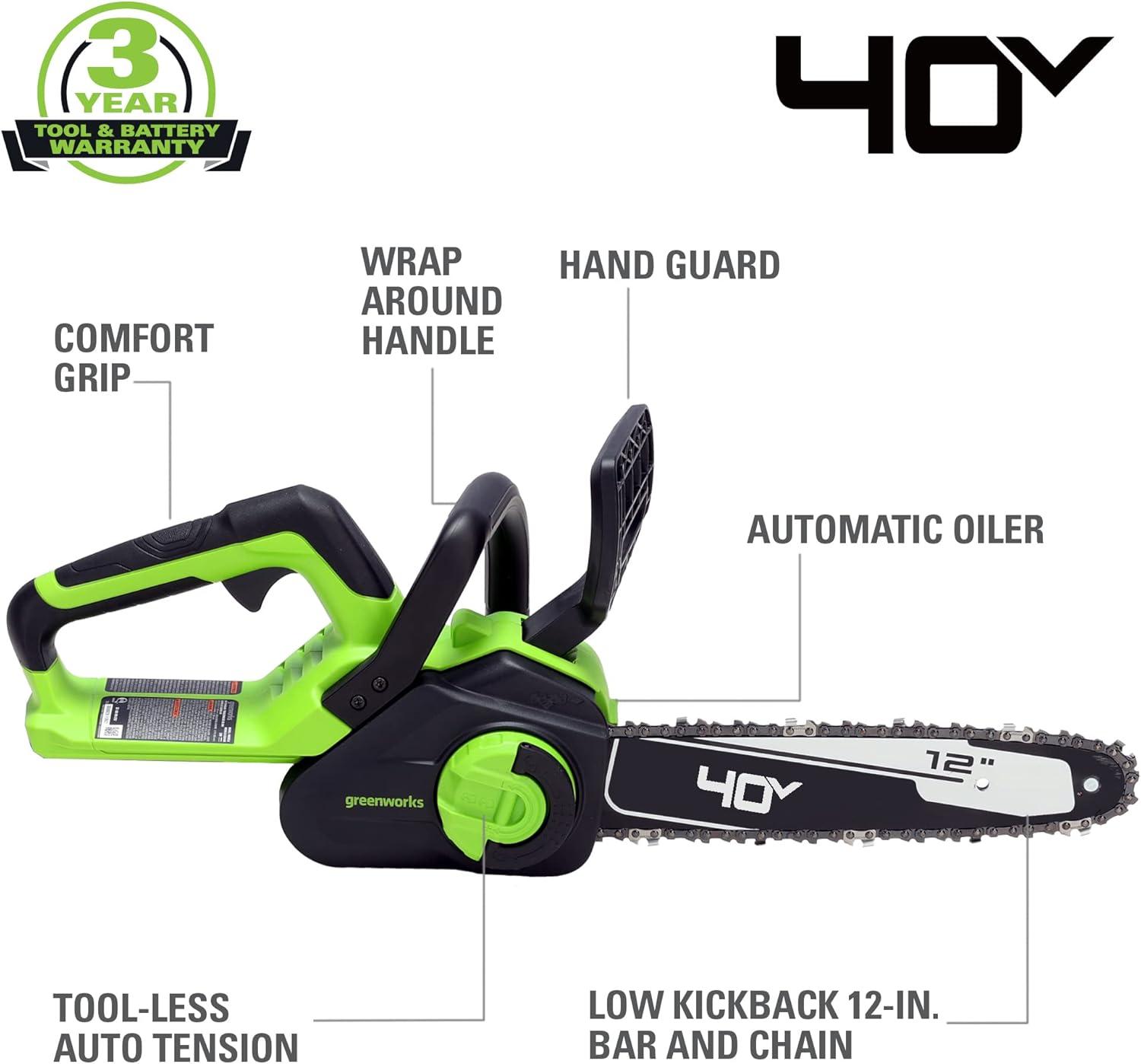 Green 12-Inch Battery-Powered Electric Chainsaw with Safety Chain