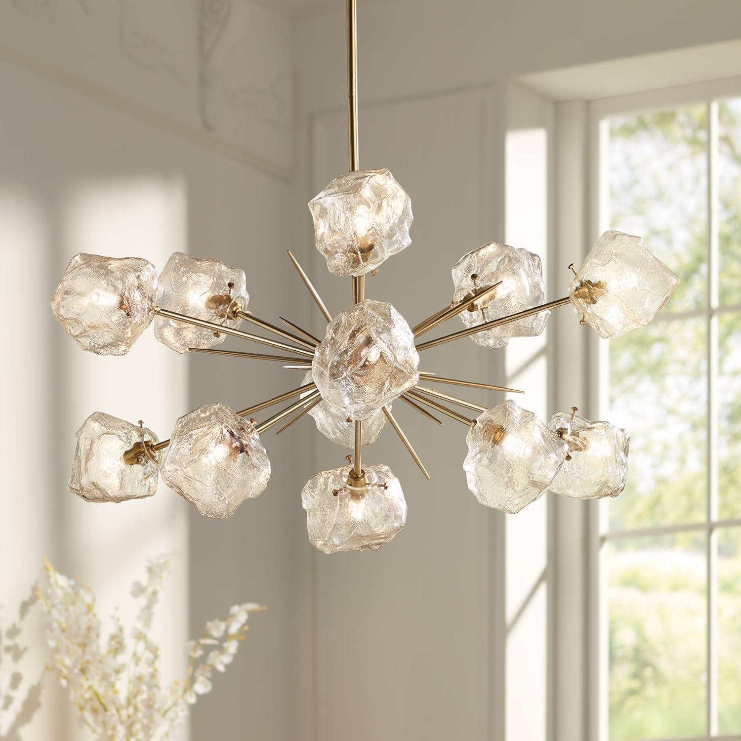 Stiffel Golden Bronze Large Sputnik Pendant Chandelier 36 1/2" Wide Modern LED Ice Glass 12-Light Fixture House Foyer