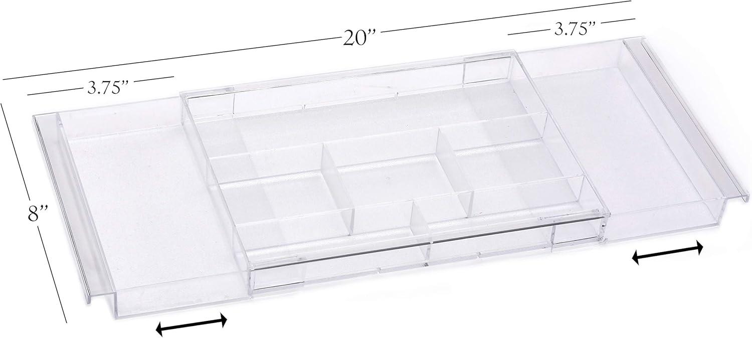Masirs Expandable Drawer Organizer - Customizable Makeup Vanity Organizing Storage Tray for Bathroom, Bedroom & Desk Drawers - Clear Plastic Cosmetics Organizers with Expanding Compartment (Set of 2)