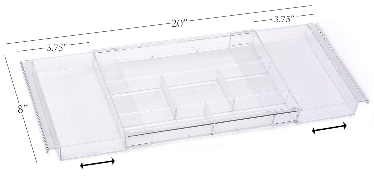 Masirs Expandable Drawer Organizer - Customizable Makeup Vanity Organizing Storage Tray for Bathroom, Bedroom & Desk Drawers - Clear Plastic Cosmetics Organizers with Expanding Compartment (Set of 2)