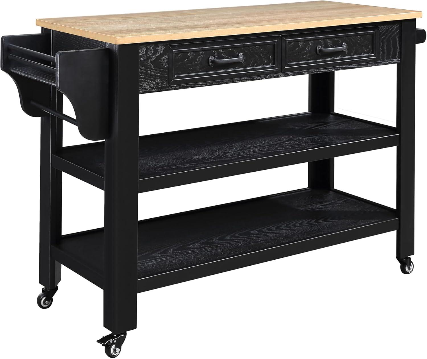 57 Inch Solid Wood Kitchen Island Cart,Solid Oak Wood Top Rolling Kitchen Cart with 2 Drawers,2 Storage Shelves,Wine and Spice Rack,Black