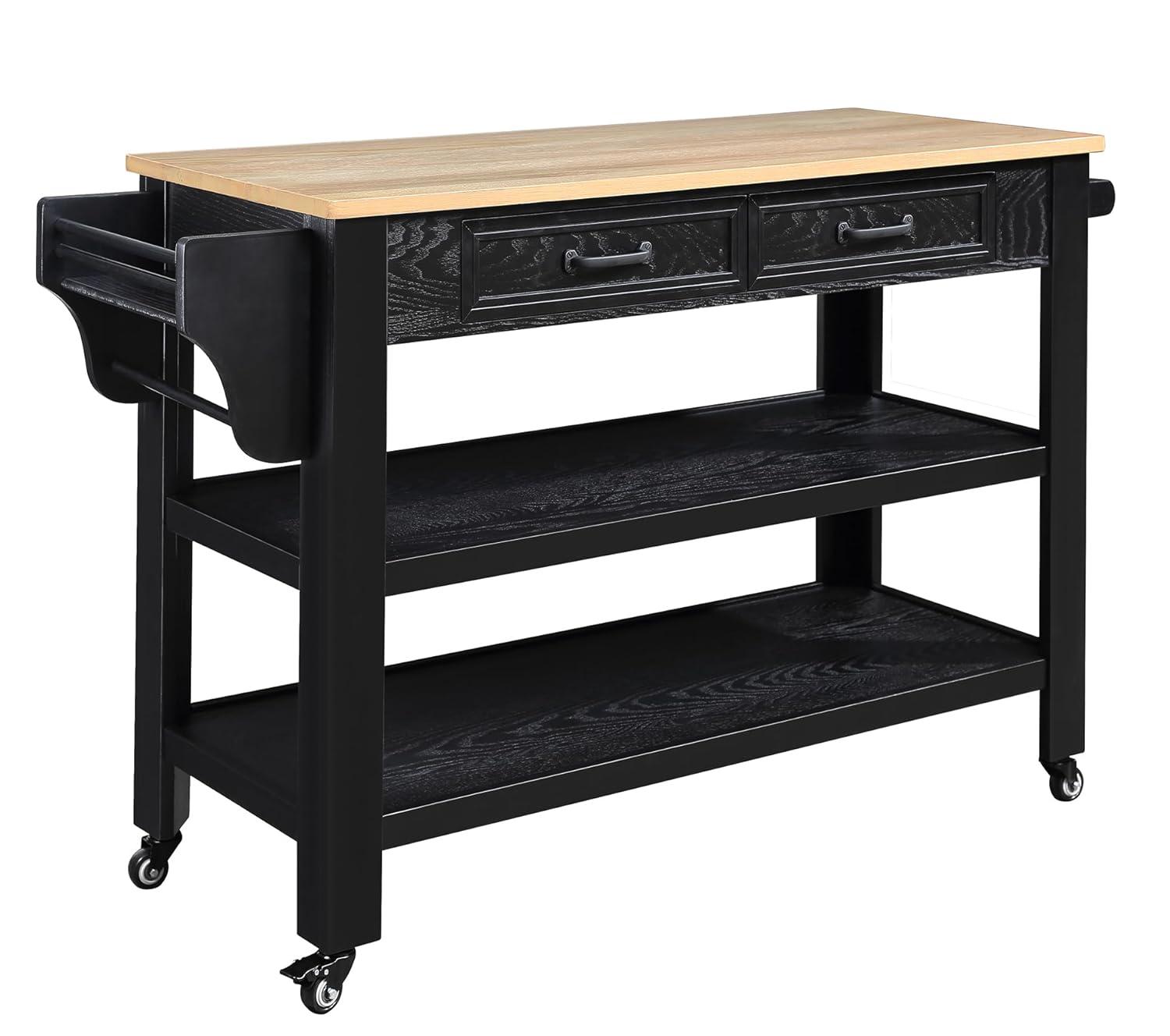 57 Inch Solid Wood Kitchen Island Cart,Solid Oak Wood Top Rolling Kitchen Cart with 2 Drawers,2 Storage Shelves,Wine and Spice Rack,Black