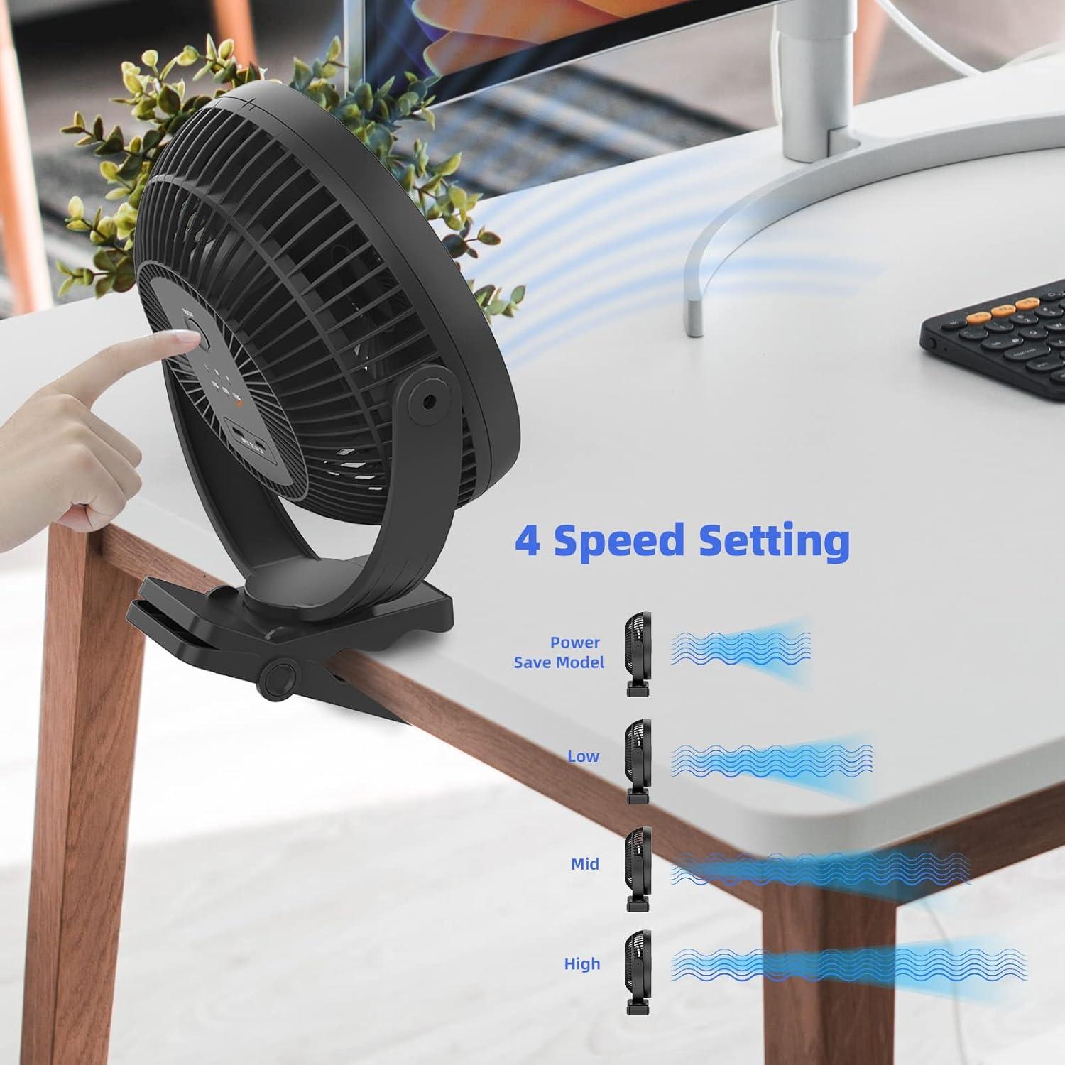 Black 8-Inch Battery Powered Clip-On Desk Fan