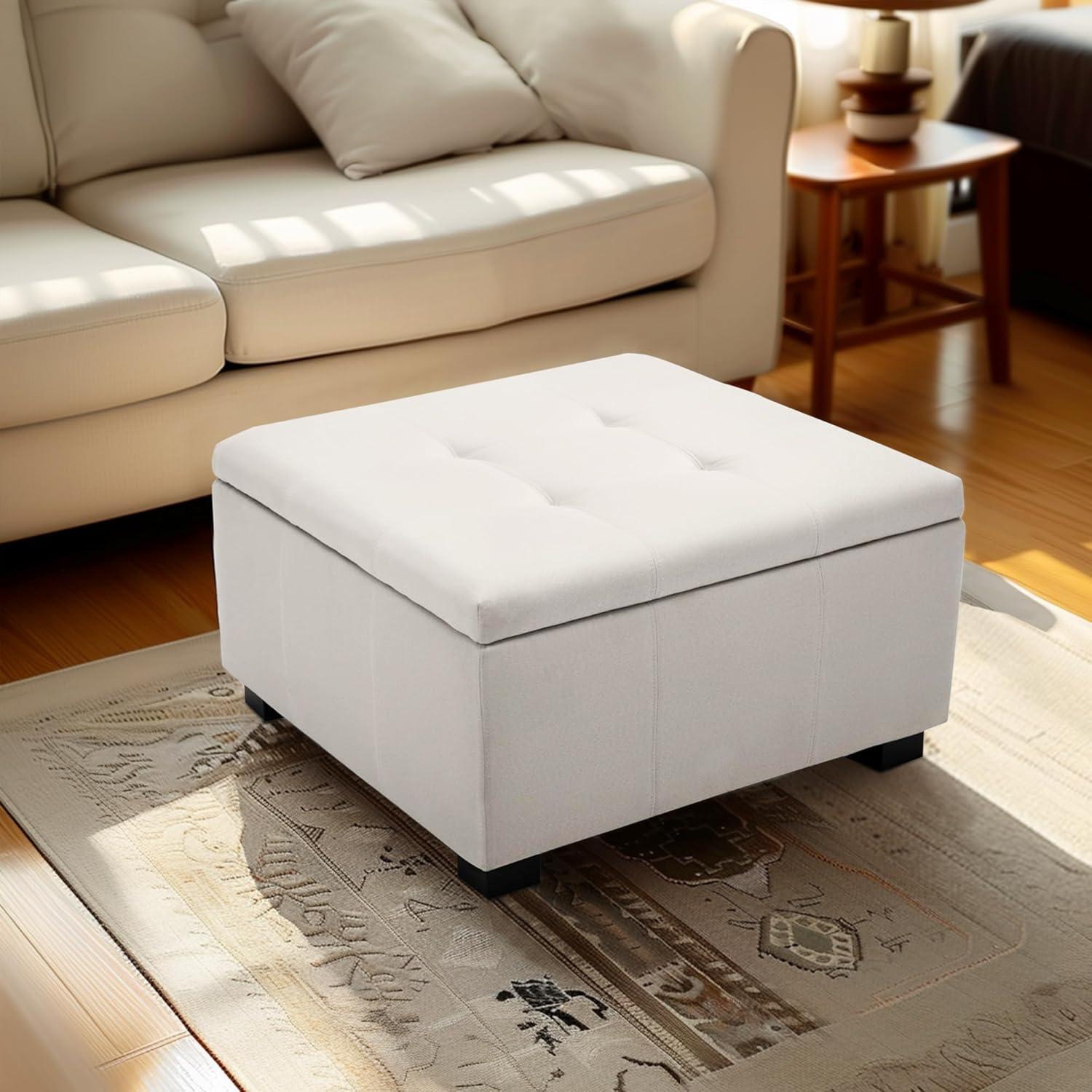 Espresso-Legged White Tufted Square Storage Ottoman Footstool