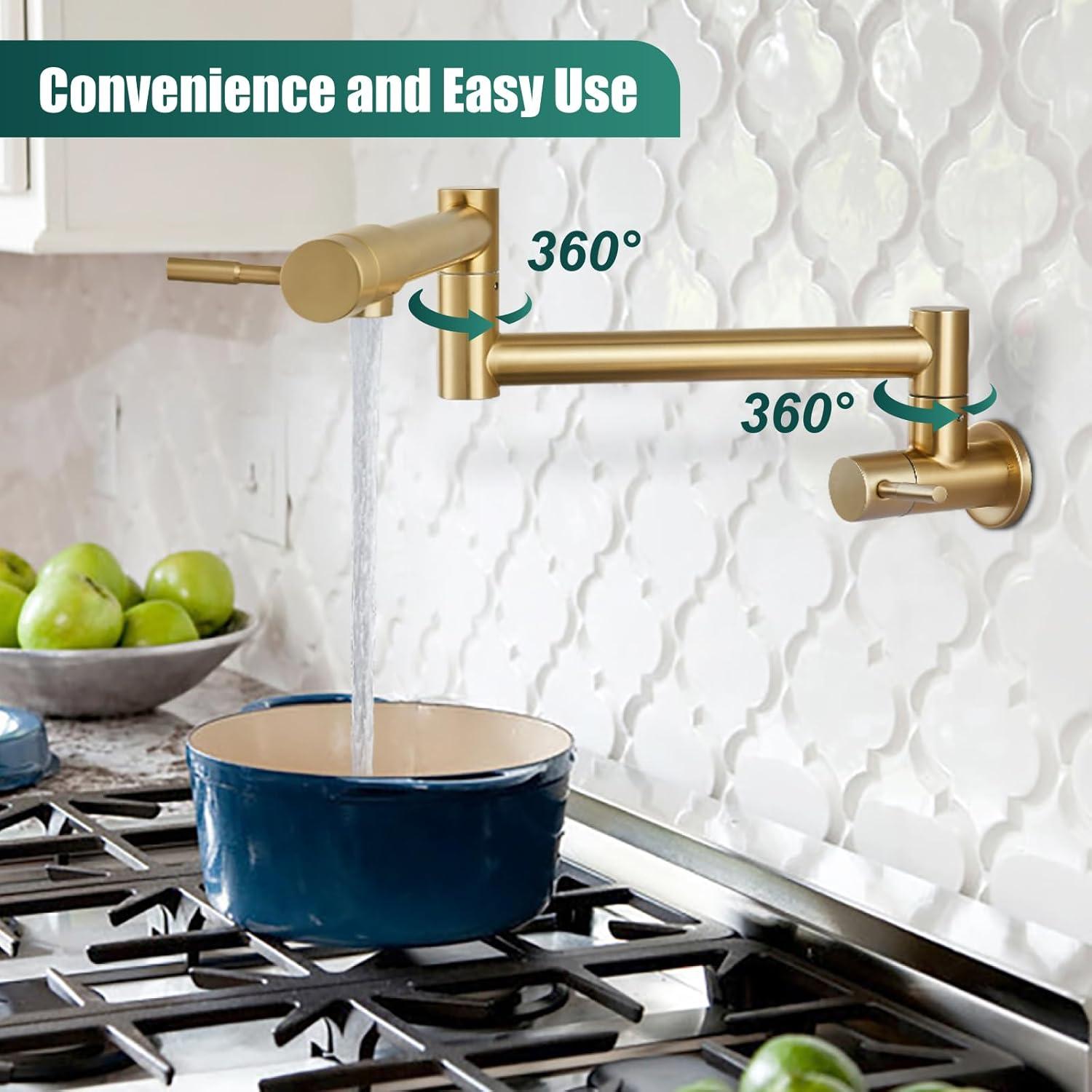 Brushed Gold Stainless Steel Wall Mount Pot Filler Faucet