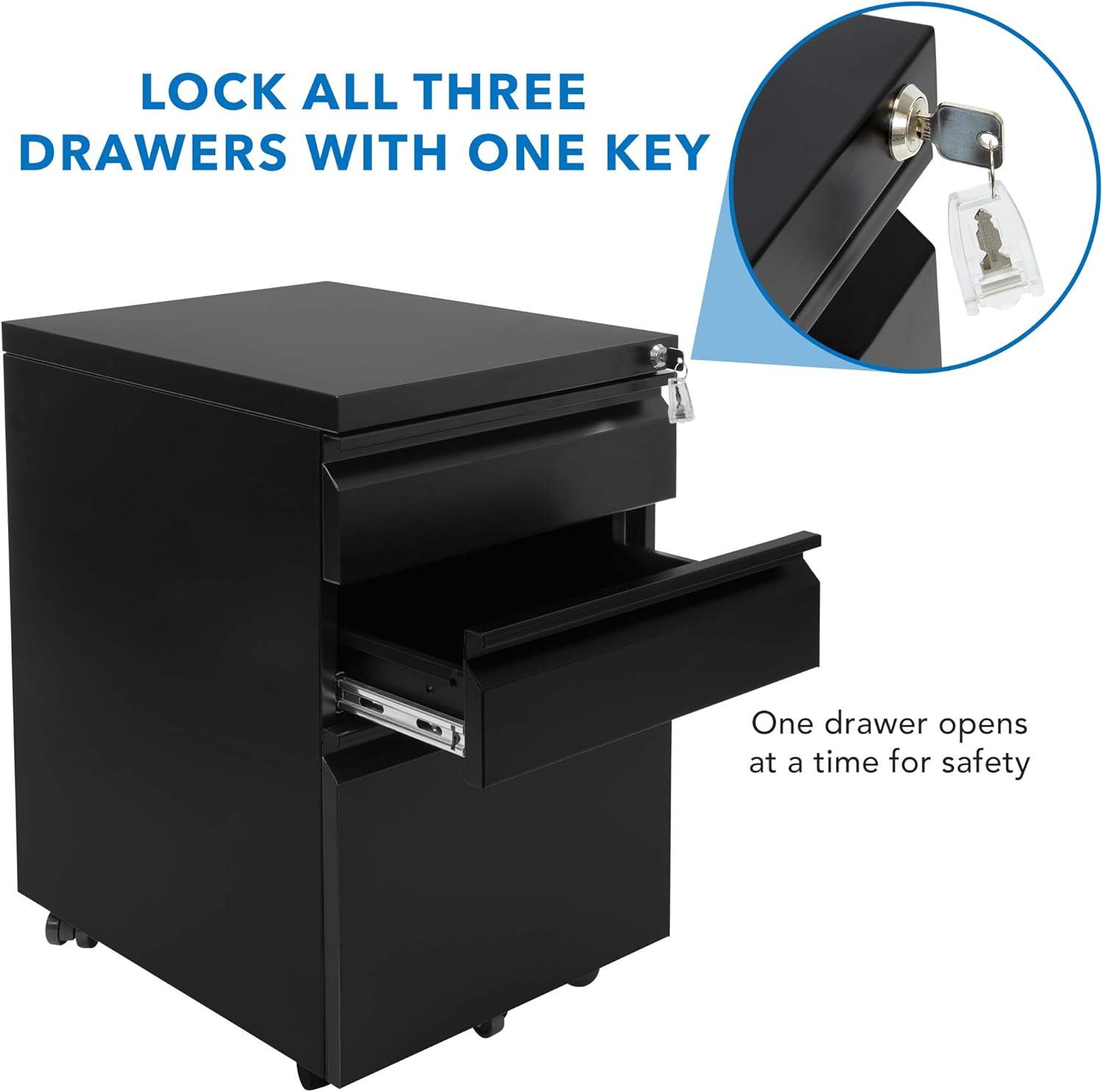 Black Mobile 3 Drawer Lockable Pedestal File Cabinet