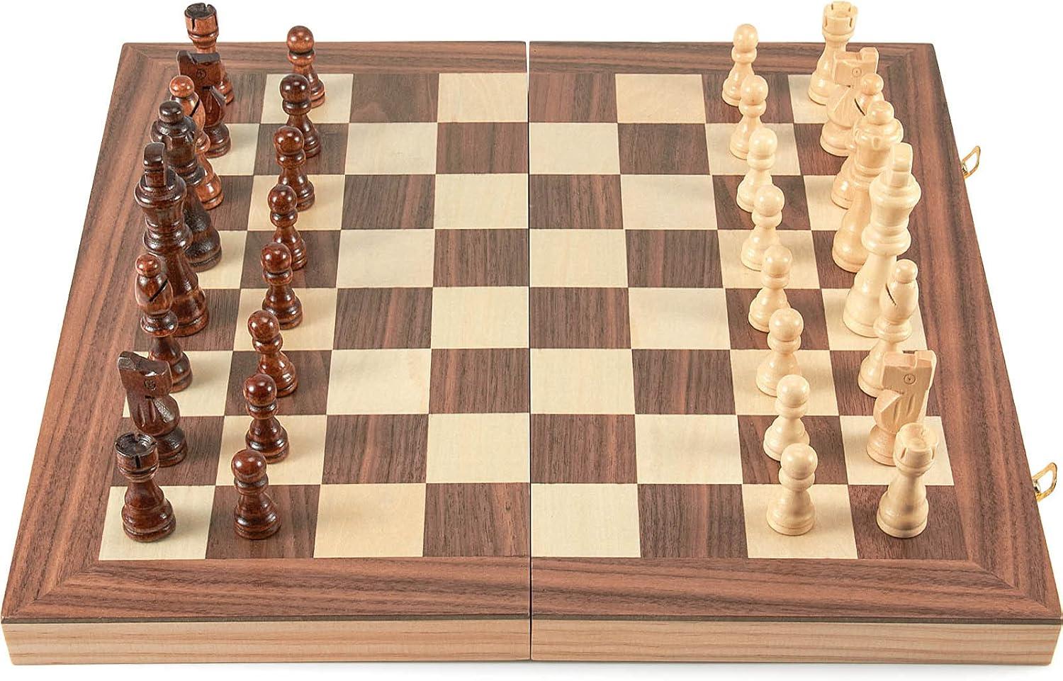 KiddiTouch 15 inch Magnetic Wooden Chess Set 2 in 1 Folding Chess Board Travel Chess Games for Adults and Kids-2 Extra Queen Pieces