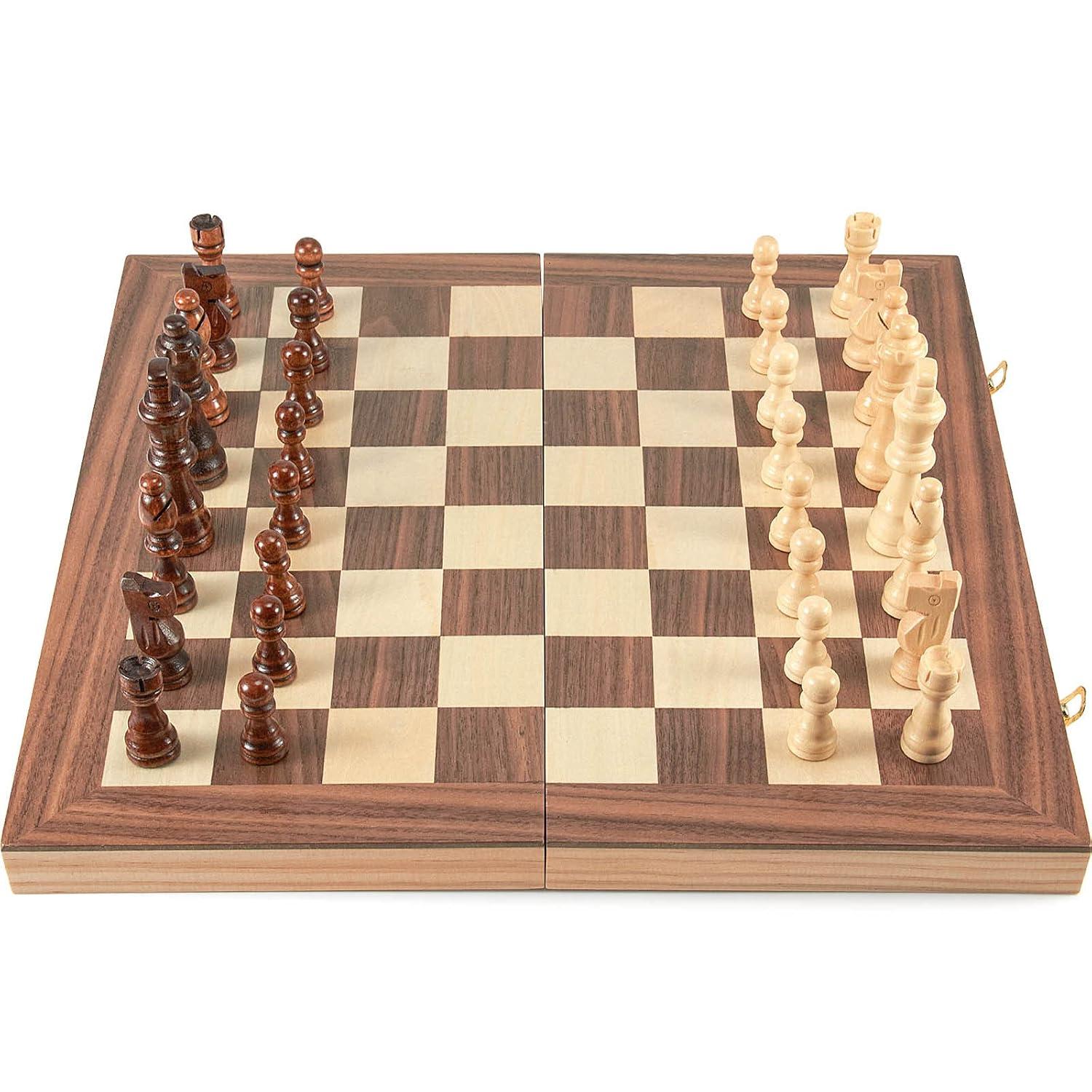 KiddiTouch 15 inch Magnetic Wooden Chess Set 2 in 1 Folding Chess Board Travel Chess Games for Adults and Kids