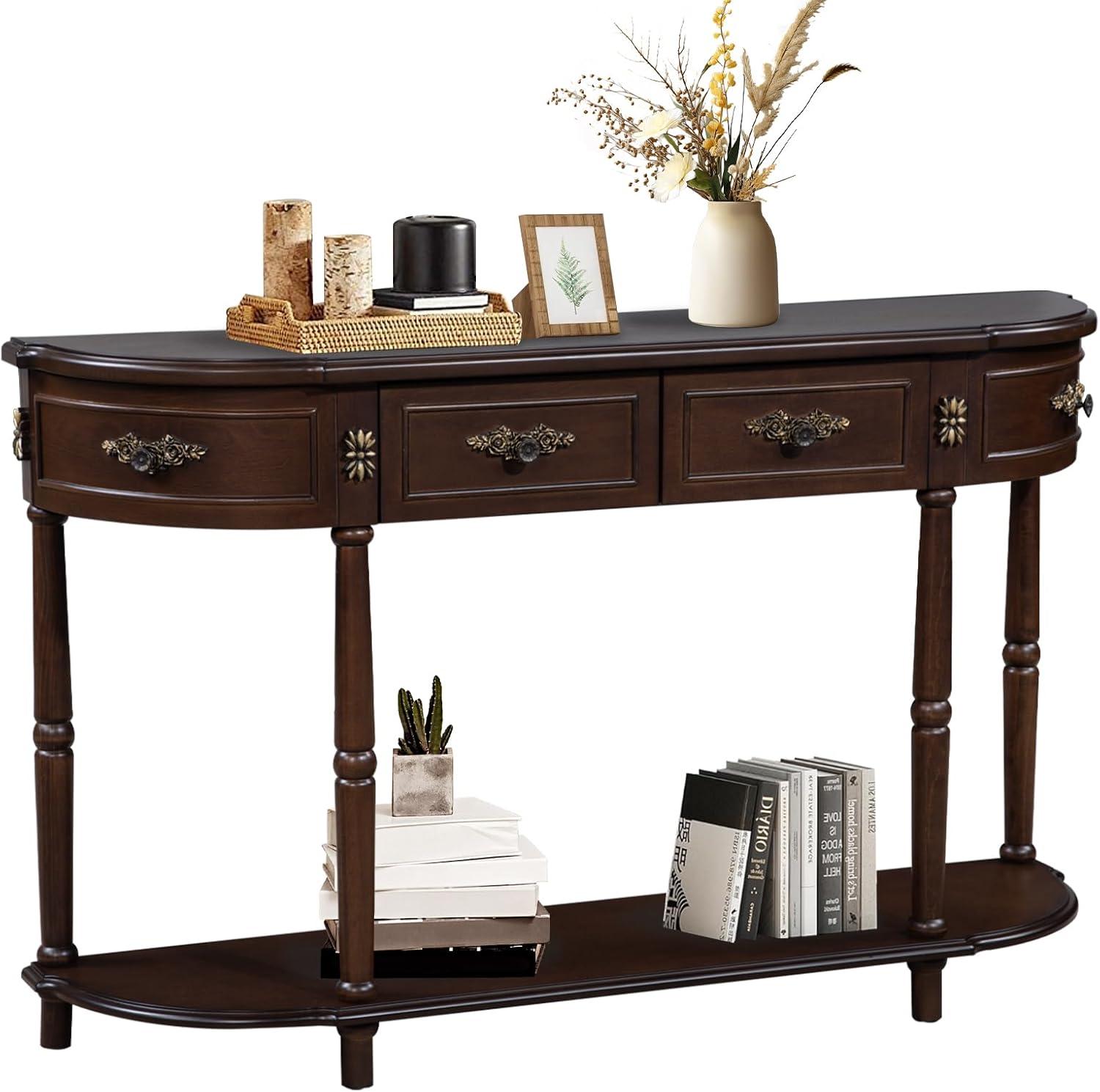 52" Espresso Wood Demilune Console Table with Storage