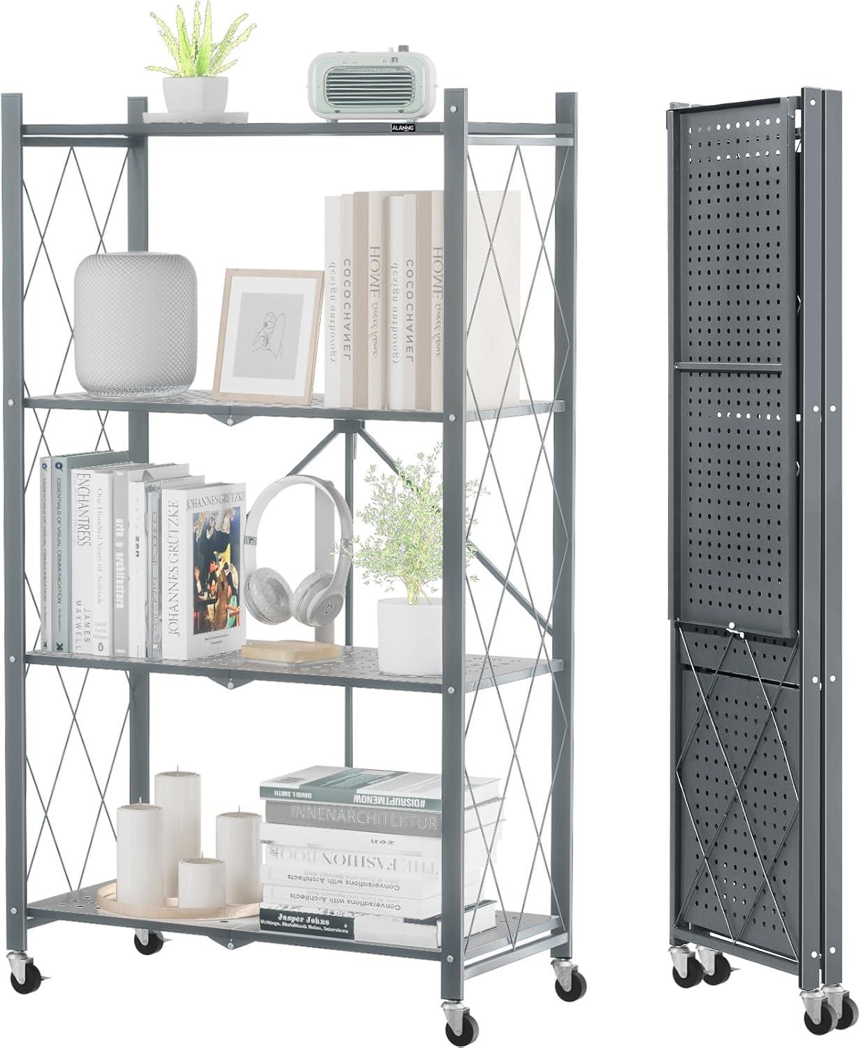 3-Tier Storage Shelves with Wheels, Folding Bookshelf No Assembly, Metal Display Shelf for Balcony, Kitchen, Basement, Pantry, White