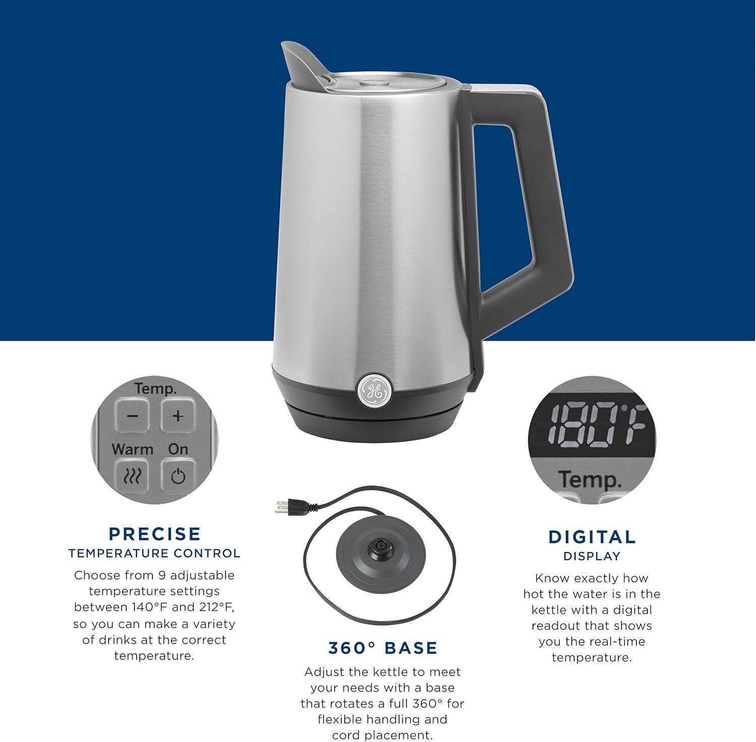 GE - Electric Kettle with Digital Control - Brushed Stainless Steel