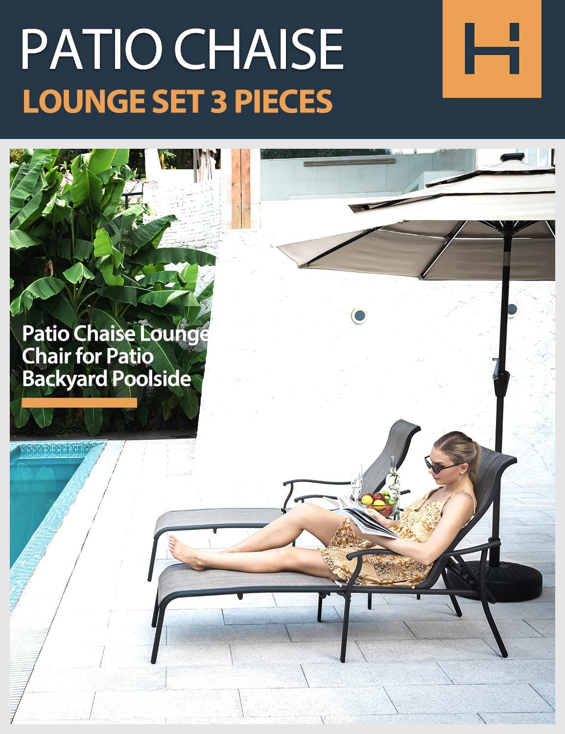 HAPPATIO Patio Chaise Lounge Set 3 Pieces,Patio Lounge Chair with Glass Coffee Table,Pool Lounge Chair with Breathable Textilene Fabric,Patio Chaise Lounge for Patio Backyard Poolside(Gray)