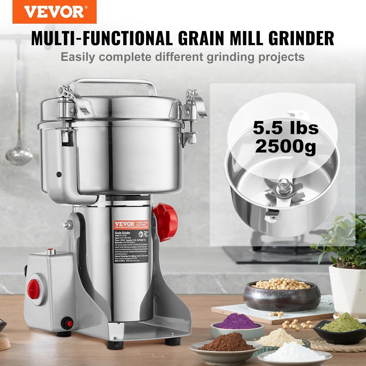 VEVOR 2500g Stainless Steel Electric Commercial Grain Mill Grinder